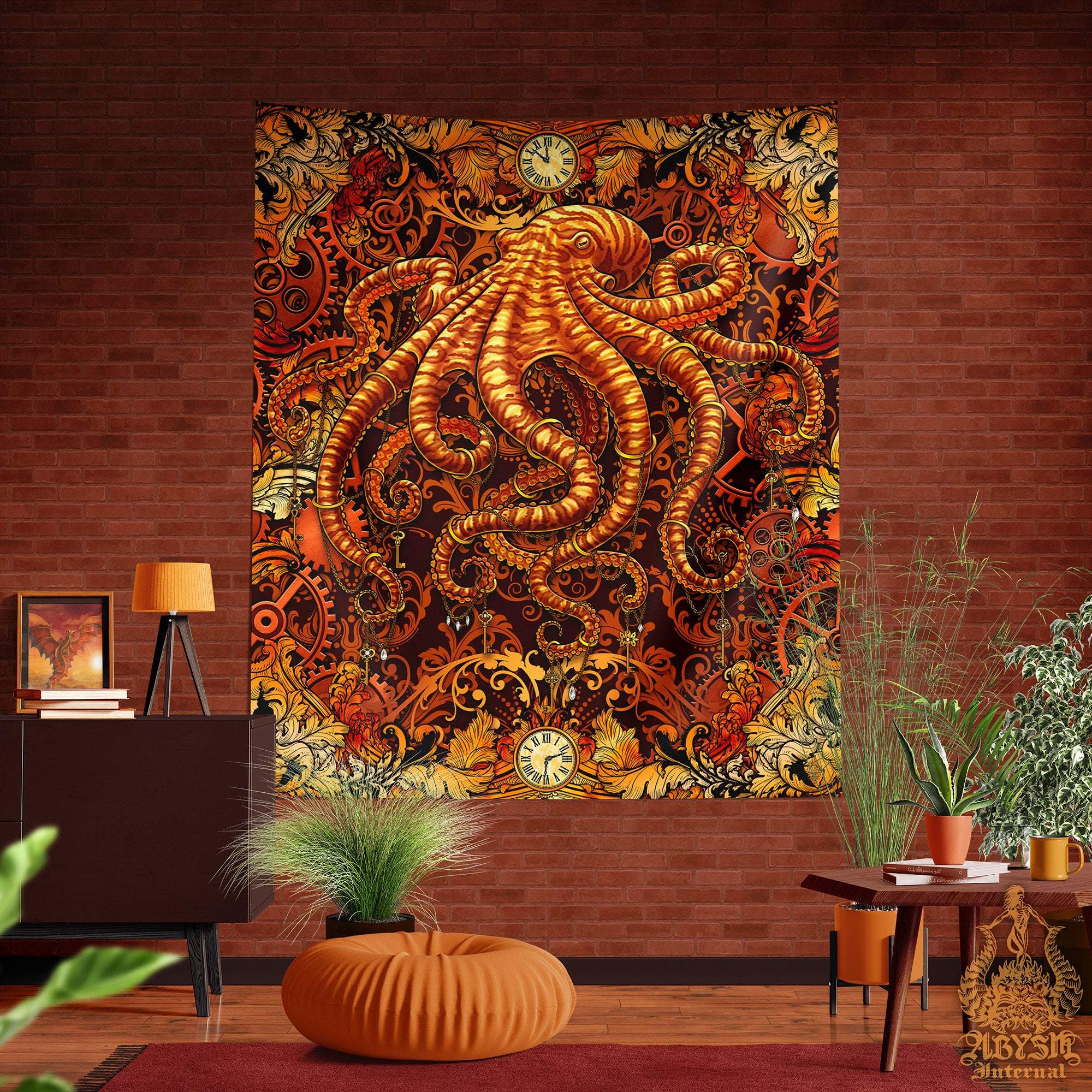 Steampunk Tapestry, Octopus Wall Hanging, Beach Home Decor, Art Print - Kraken - Abysm Internal
