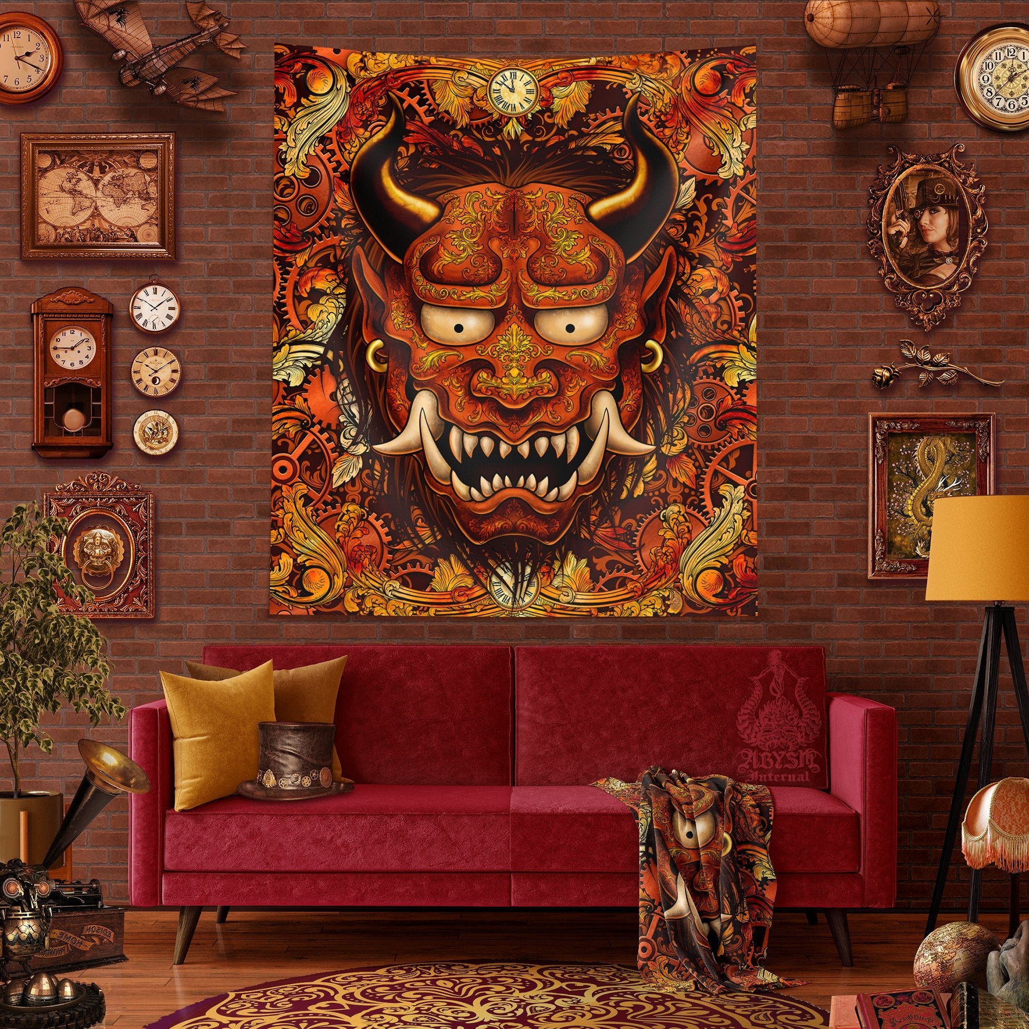 Steampunk Tapestry, Yokai Wall Hanging, Japanese Demon, Gamer Home Decor, Art Print - Bronze Oni - Abysm Internal