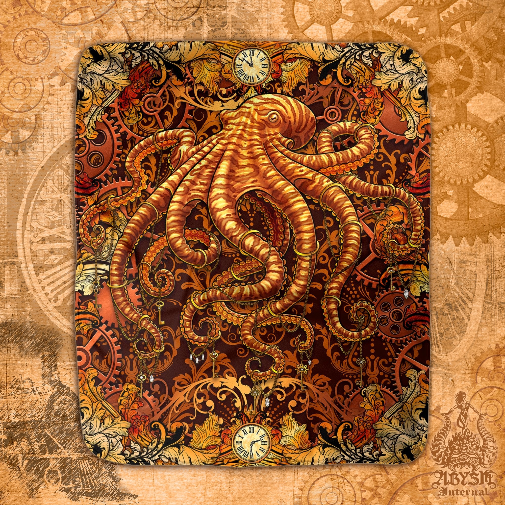 Steampunk Throw Fleece Blanket, Coastal Decor - Octopus - Abysm Internal