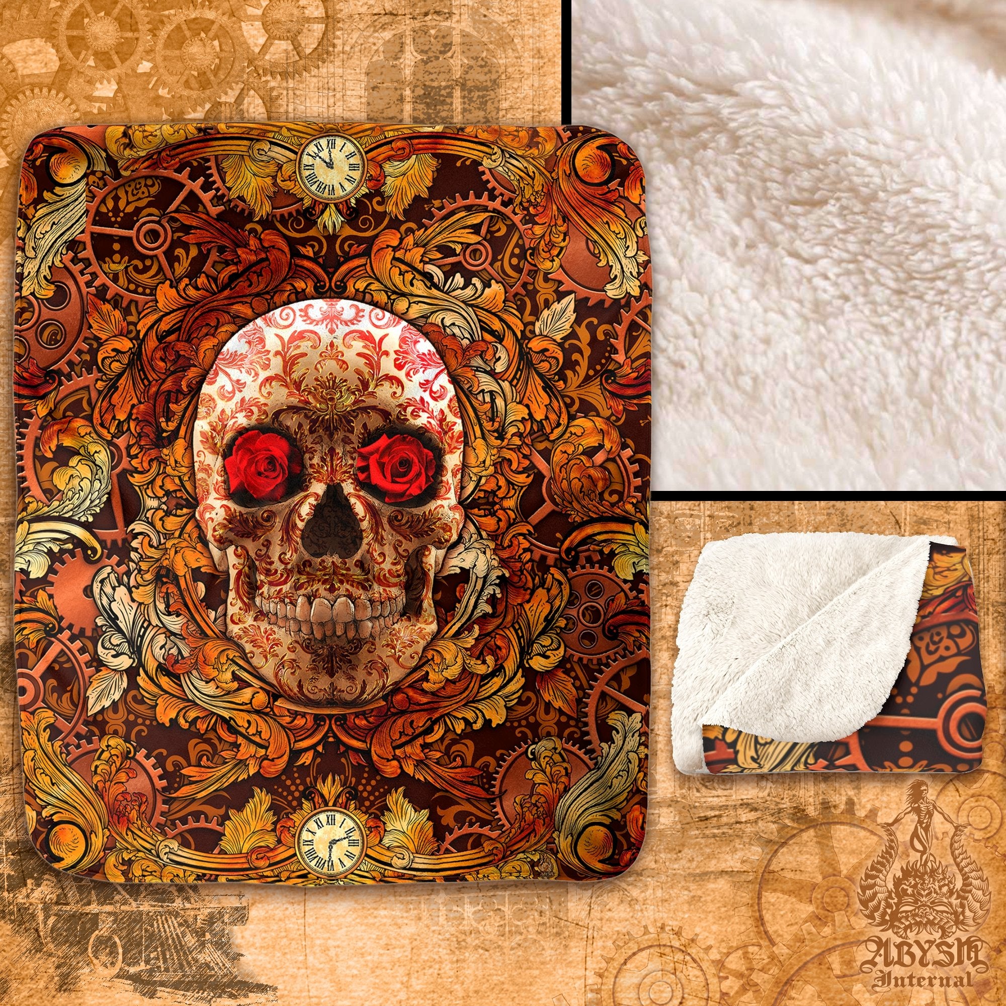 Steampunk Throw Fleece Blanket, Macabre Art, Victorian Decor - Skull - Abysm Internal