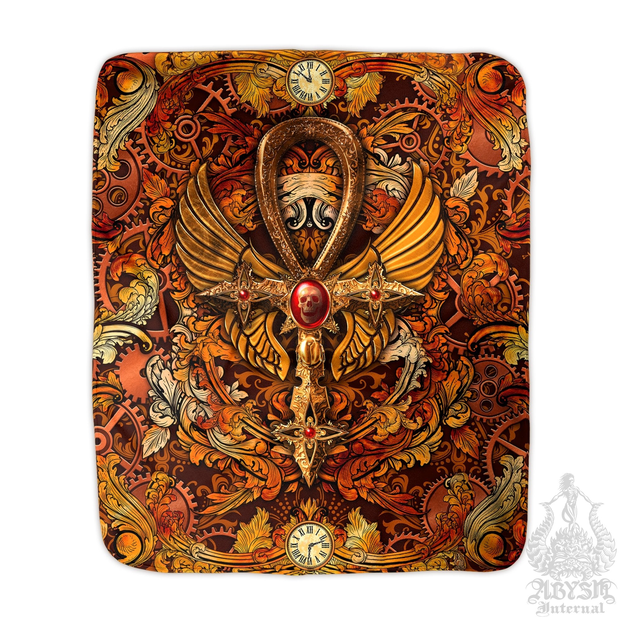 Steampunk Throw Fleece Blanket, Occult Home Decor - Bronze Ankh Cross - Abysm Internal