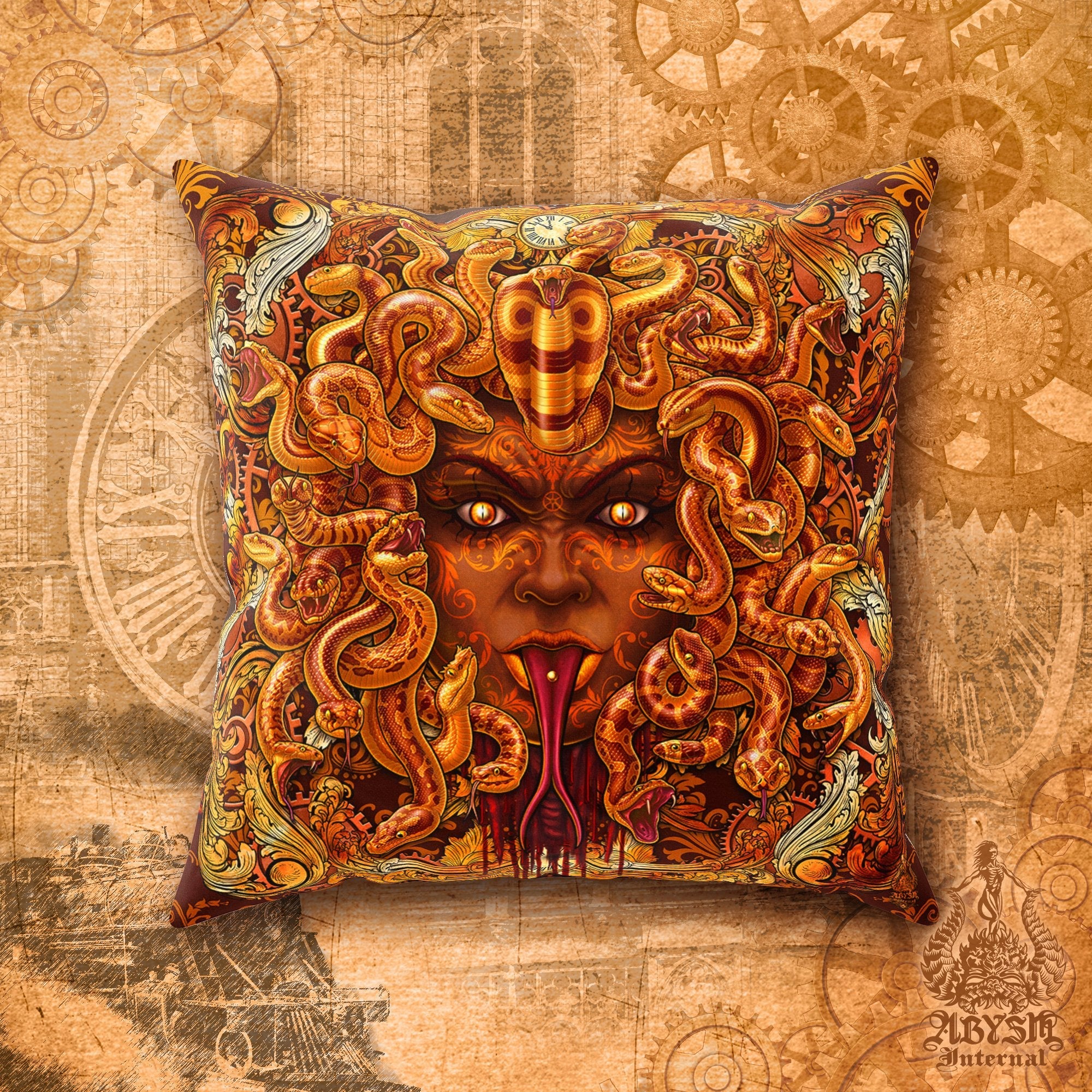 Steampunk Throw Pillow, Decorative Accent Cushion, Medusa, Gamer Room Decor - Bronze Snakes, Mock - Abysm Internal