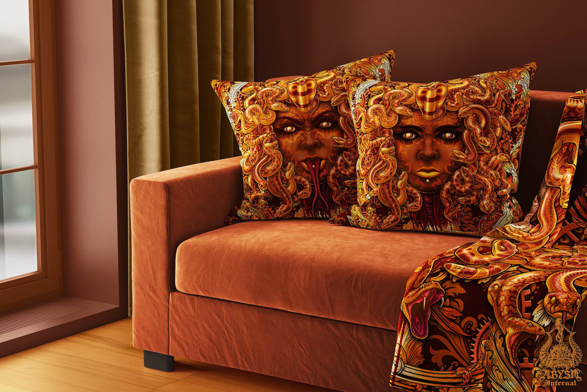 Steampunk Throw Pillow, Decorative Accent Cushion, Medusa, Gamer Room Decor - Bronze Snakes, Mock - Abysm Internal