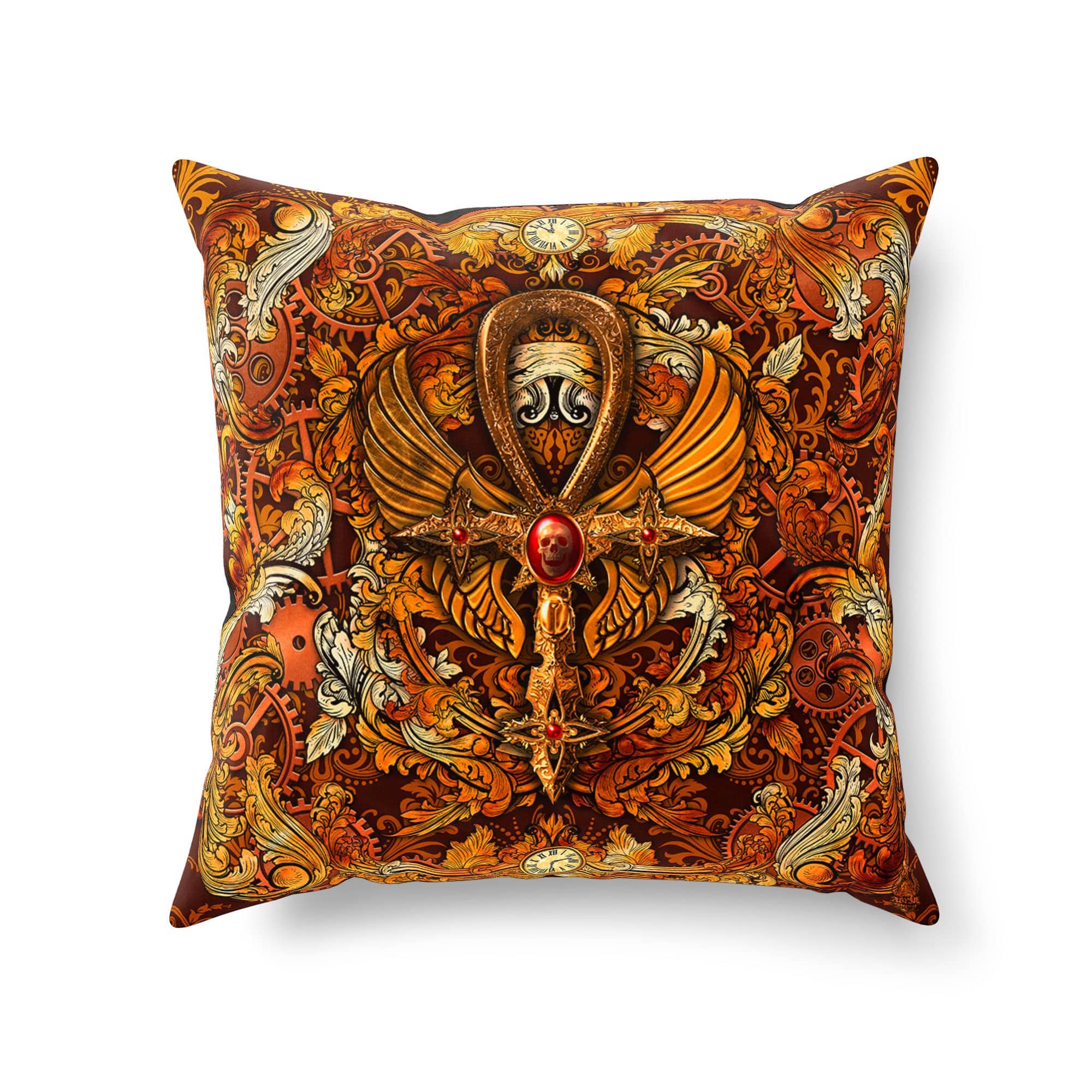 Steampunk Throw Pillow, Decorative Accent Cushion, Occult Home Decor, Dark Art - Ankh Cross - Abysm Internal