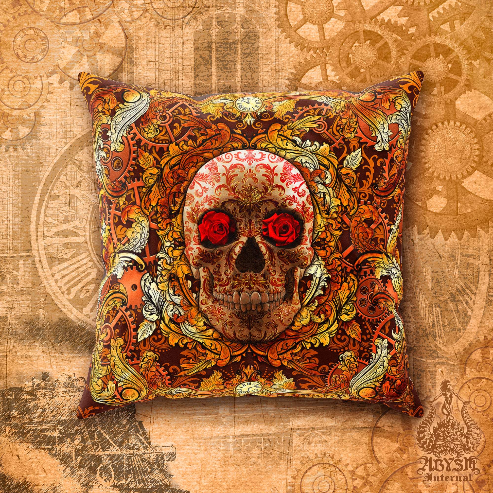Steampunk Throw Pillow, Decorative Accent Cushion, Skull, Victorian Room Decor, Macabre Art - Abysm Internal