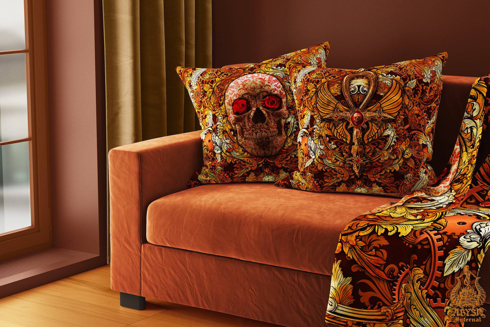 Steampunk Throw Pillow, Decorative Accent Cushion, Skull, Victorian Room Decor, Macabre Art - Abysm Internal