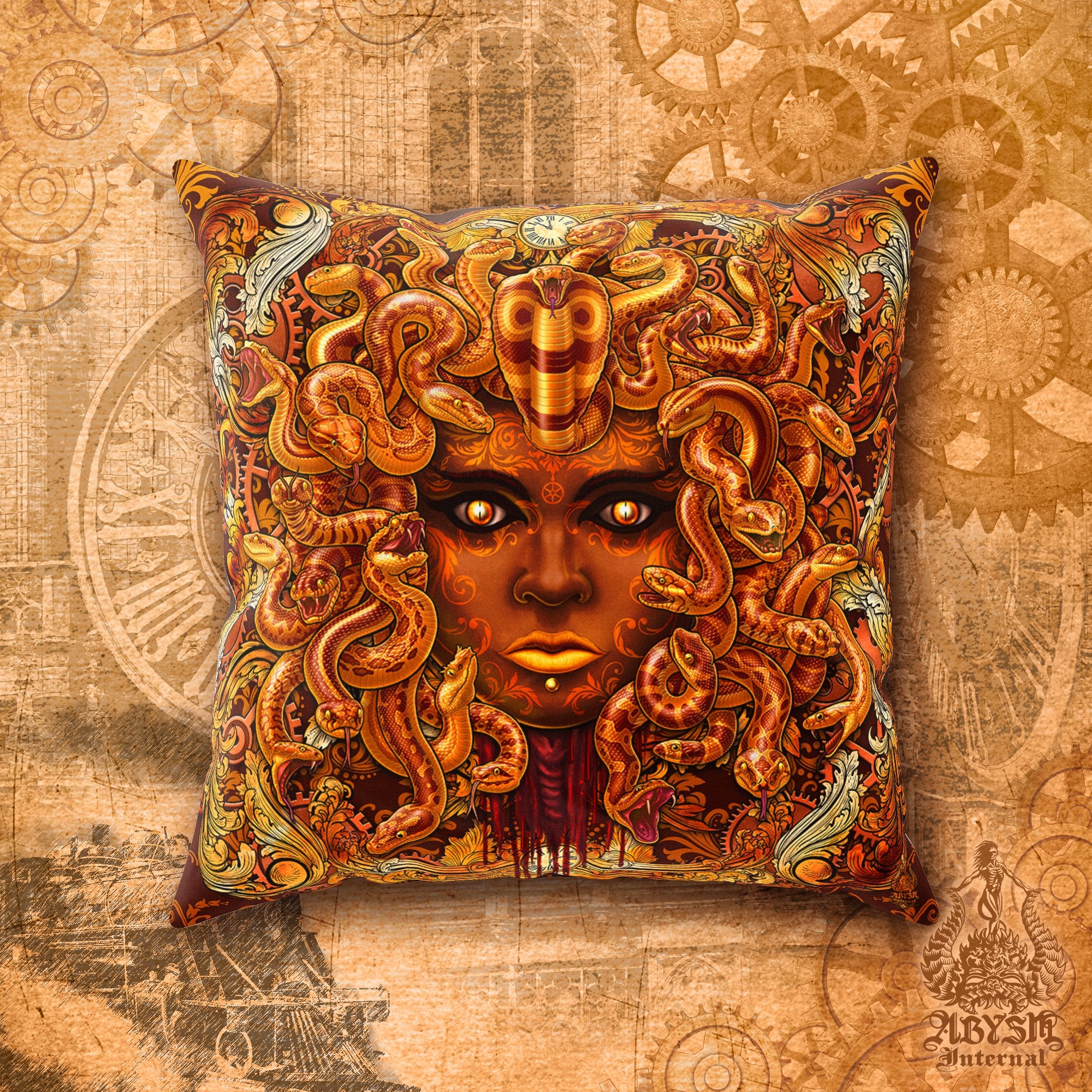 Steampunk Throw Pillow, Decorative Accent Pillow, Square Cushion Cover, Medusa, Gamer Room Decor - Bronze Snakes, Mock - Abysm Internal