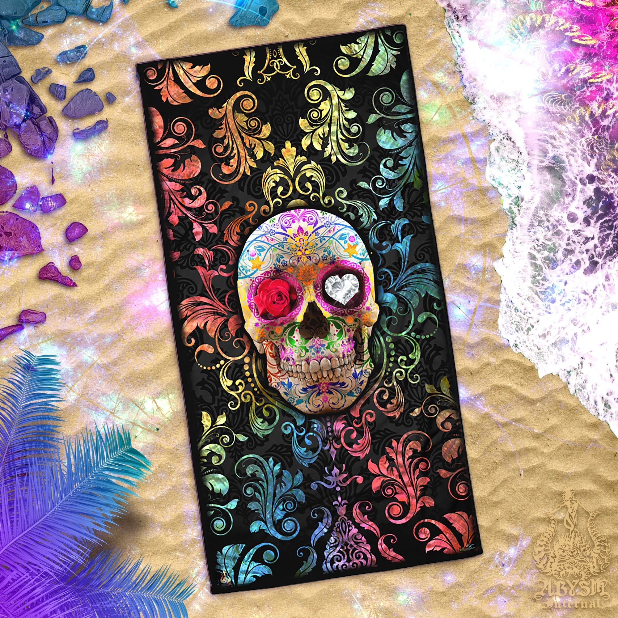 Sugar Skull Beach Towel, Macabre Art, Fun Day of the Dead, Dia de los Muertos - Abysm Internal