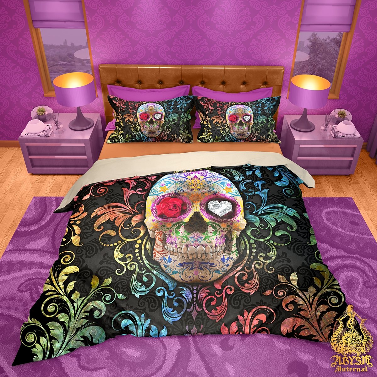 Sugar Skull Bedding Set, Comforter and Duvet, Indie Bed Cover and Bedroom Decor, King, Queen and Twin Size - Day of the Dead, Dia de los Muertos - Abysm Internal