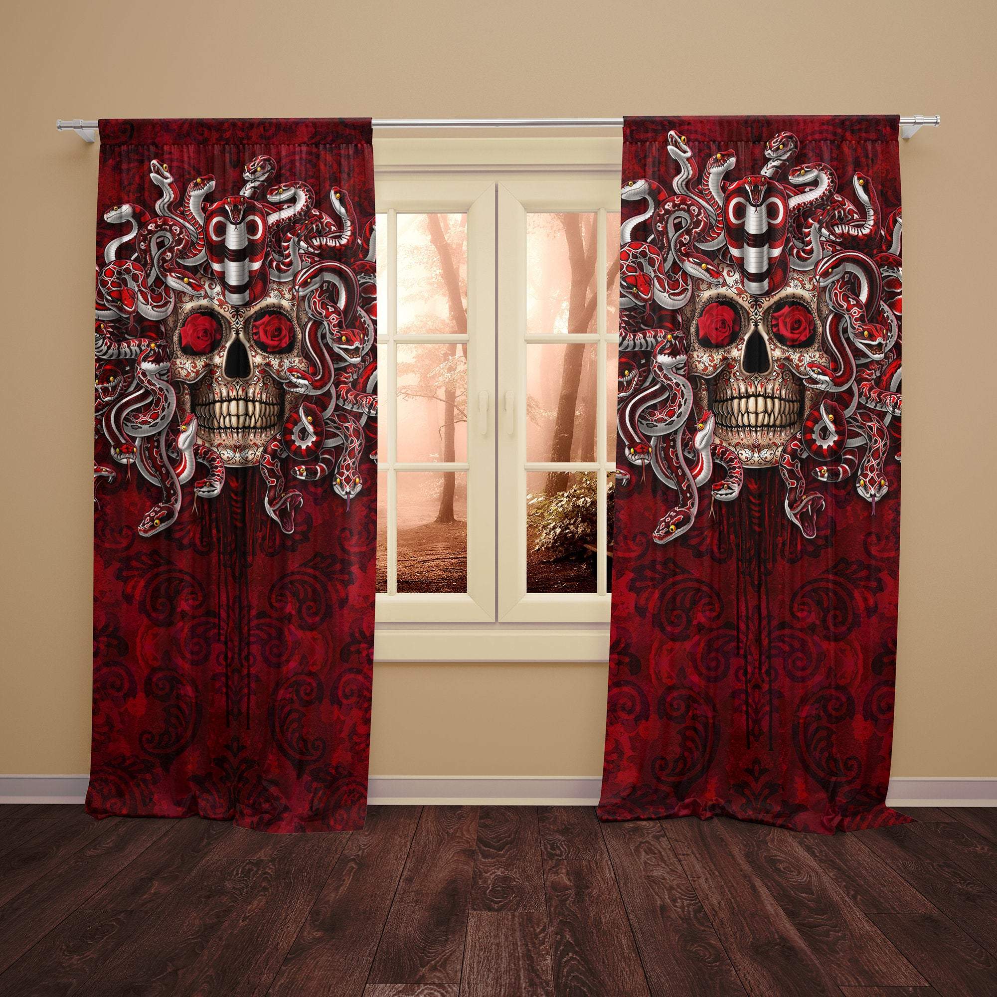 Sugar Skull Blackout Curtains, Long Window Panels, Day of the Dead, Dia de los Muertos, Gothic Home Decor, Art Print - Red Medusa & Snakes - Abysm Internal