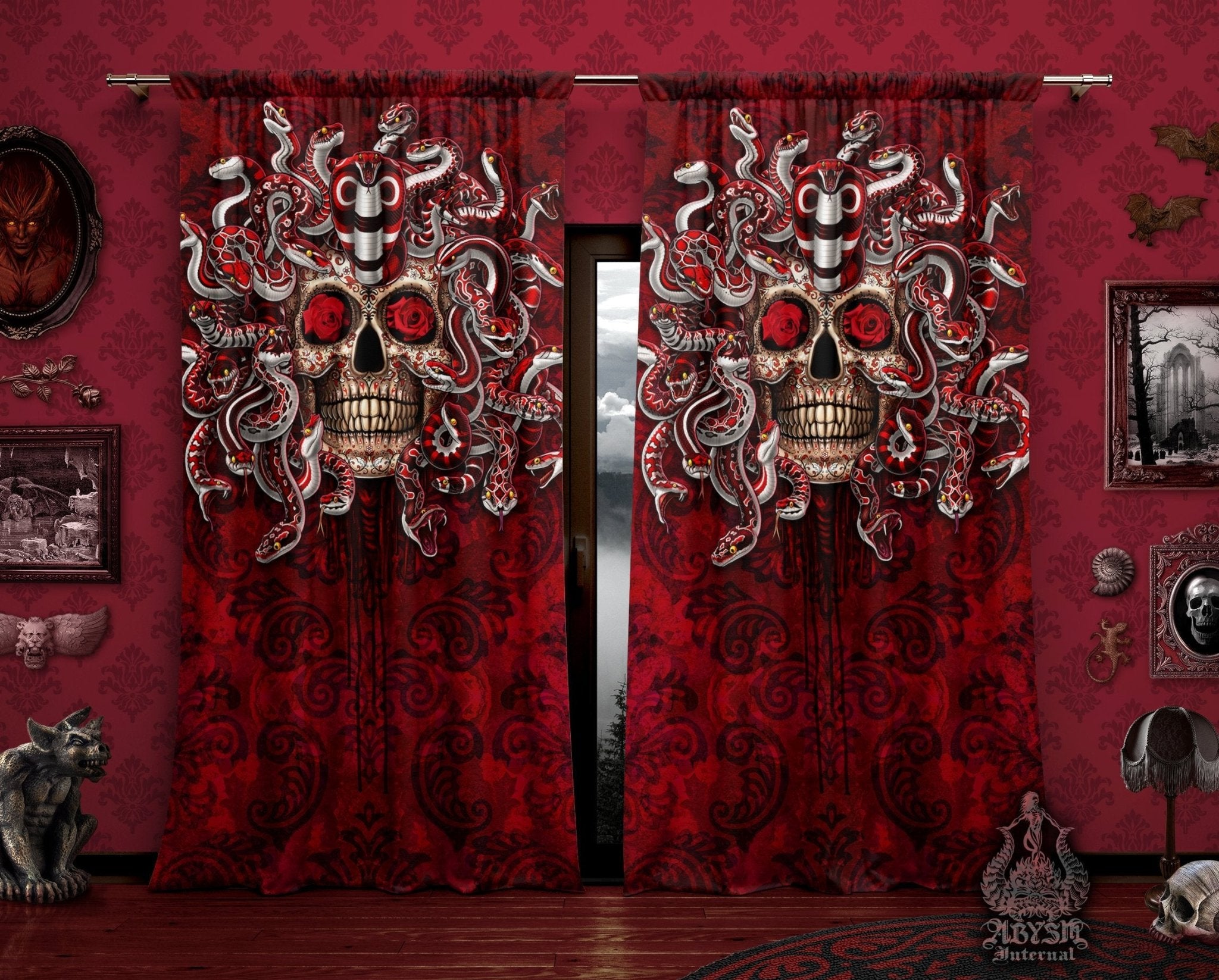 Sugar Skull Blackout Curtains, Long Window Panels, Day of the Dead, Dia de los Muertos, Gothic Home Decor, Art Print - Red Medusa & Snakes - Abysm Internal