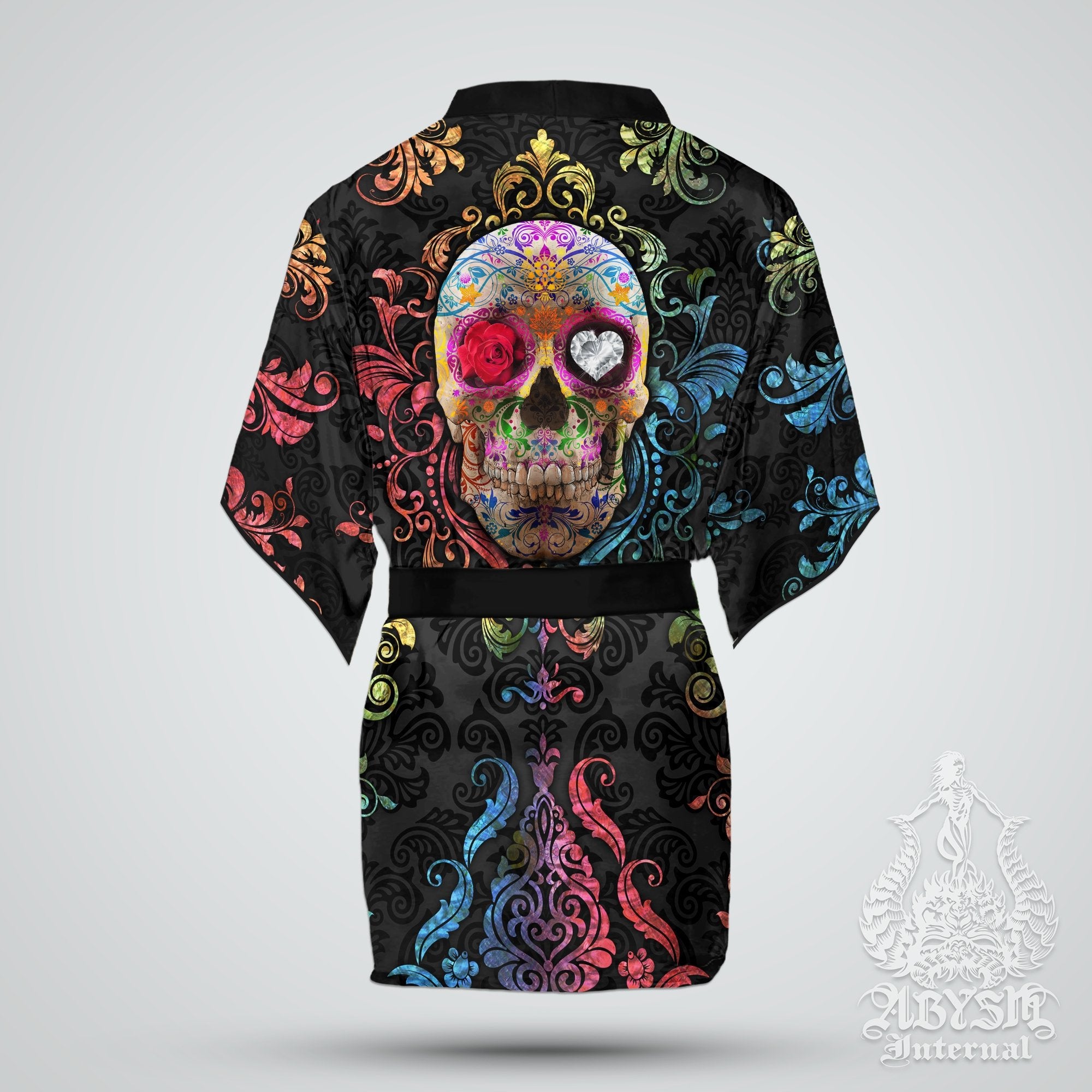 Sugar Skull Cover Up, Beach Outfit, Party Kimono, Boho Summer Festival Robe, Indie and Alternative Clothing, Unisex - Day of the Dead - Abysm Internal
