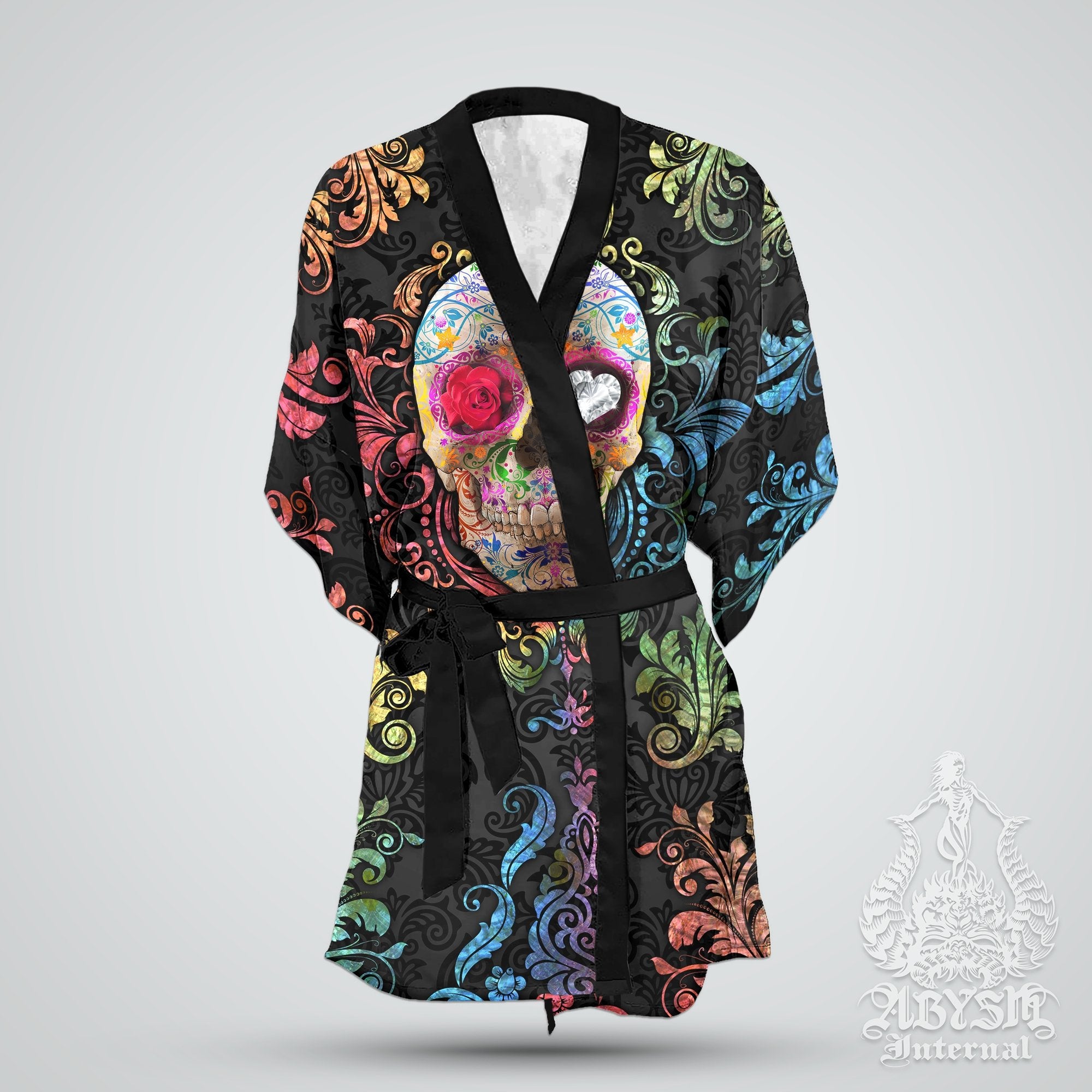 Sugar Skull Cover Up, Beach Outfit, Party Kimono, Boho Summer Festival Robe, Indie and Alternative Clothing, Unisex - Day of the Dead - Abysm Internal