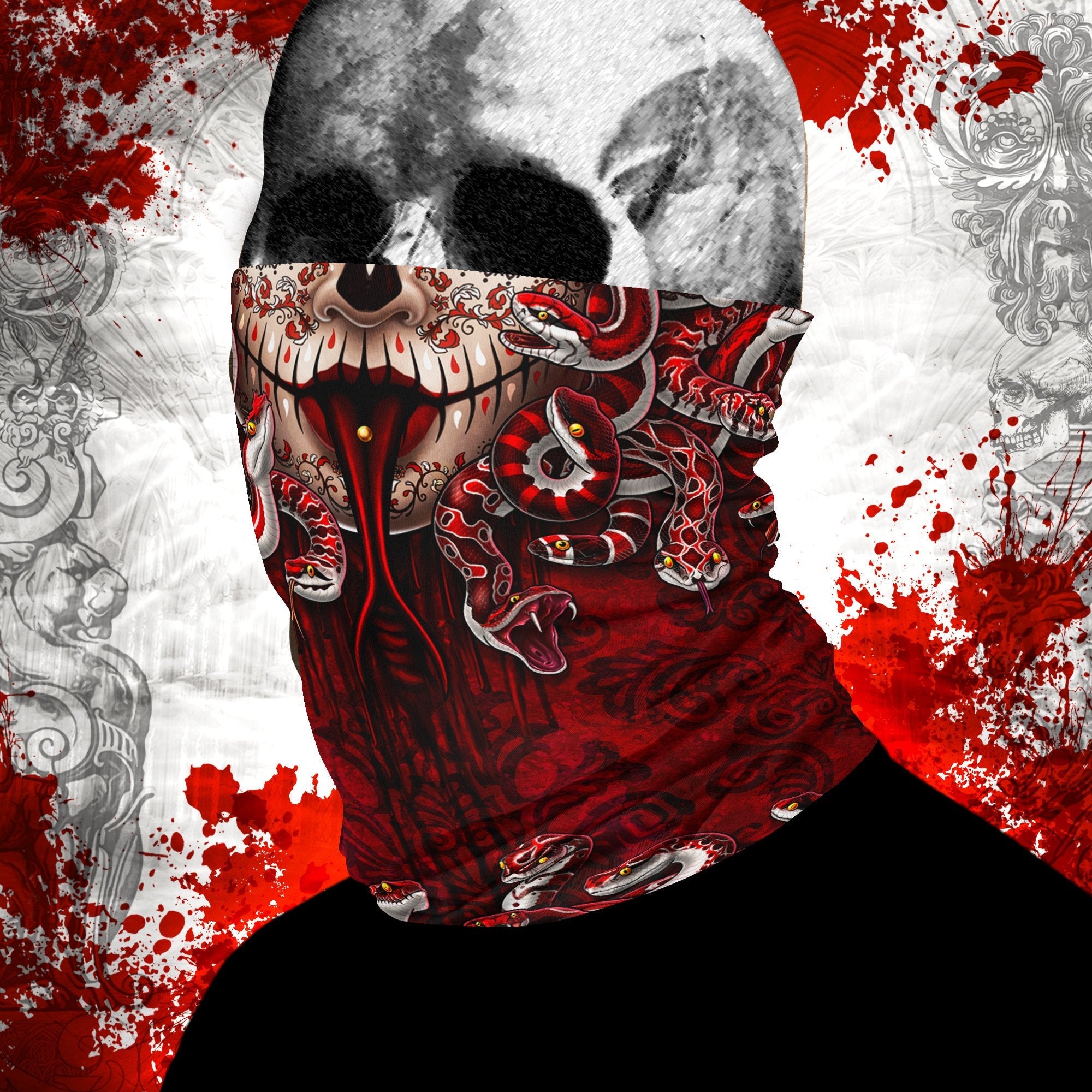 Sugar Skull Neck Gaiter, Face Mask, Head Covering, Snakes, Catrina, Medusa, Dia de los Muertos, Day of the Dead - 3 Face Options - Abysm Internal