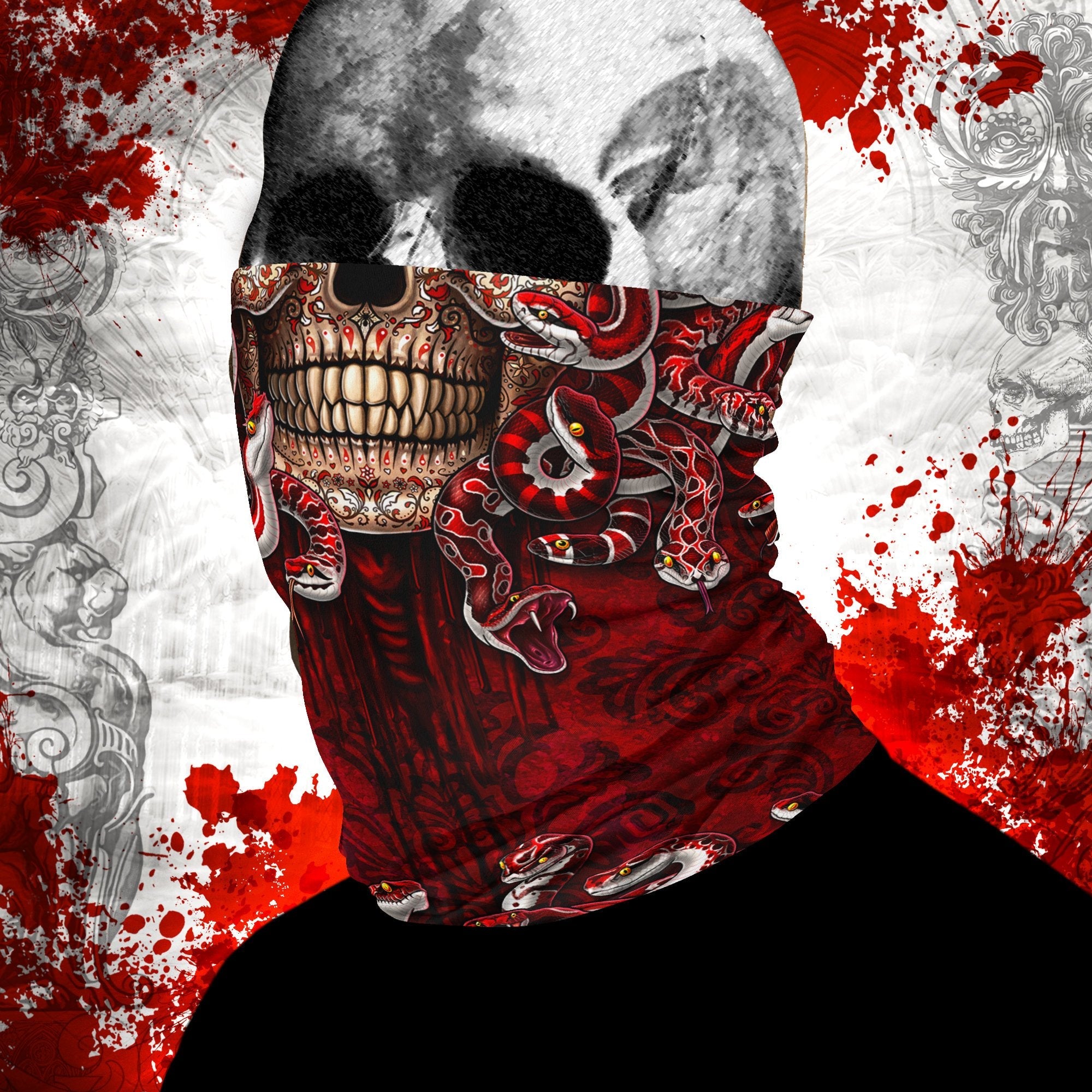 Sugar Skull Neck Gaiter, Face Mask, Head Covering, Snakes, Catrina, Medusa, Dia de los Muertos, Day of the Dead - 3 Face Options - Abysm Internal
