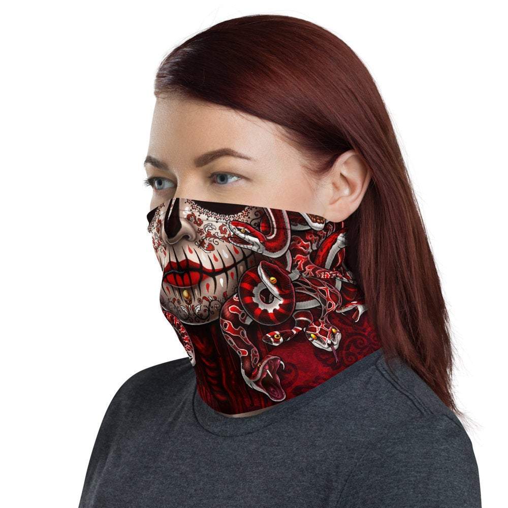 Sugar Skull Neck Gaiter, Face Mask, Head Covering, Snakes, Catrina, Medusa, Dia de los Muertos, Day of the Dead - 3 Face Options - Abysm Internal