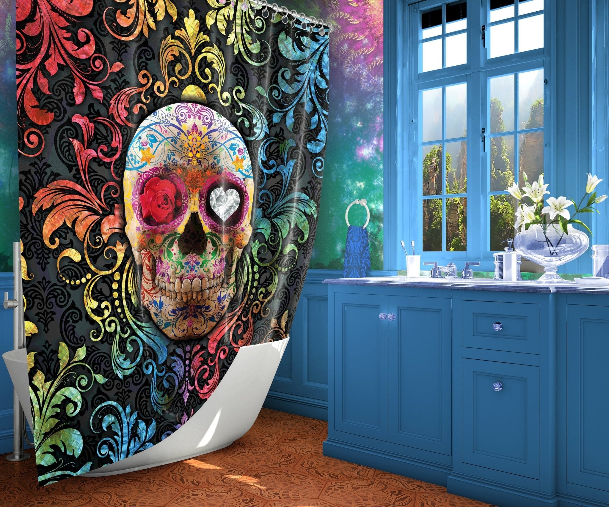 Sugar Skull Shower Curtain, Dia de los Muertos, Day of the Dead, Mexican Bathroom Decor, Festive, Macabre Decor - Abysm Internal