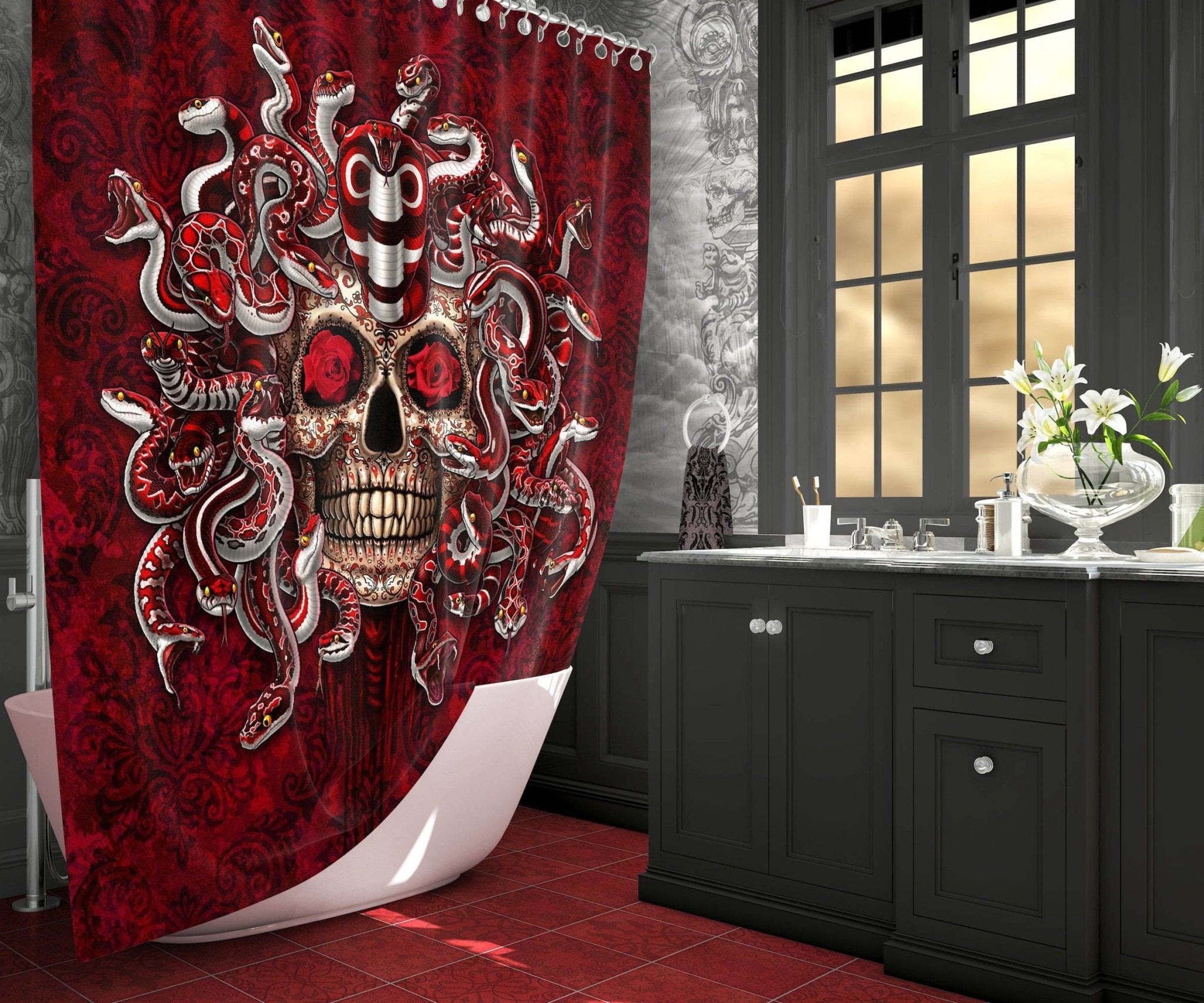 Sugar Skull Shower Curtain, Dia de los Muertos, Day of the Dead, Mexican, Gothic Bathroom Decor - Medusa, Red & White Snakes - Abysm Internal
