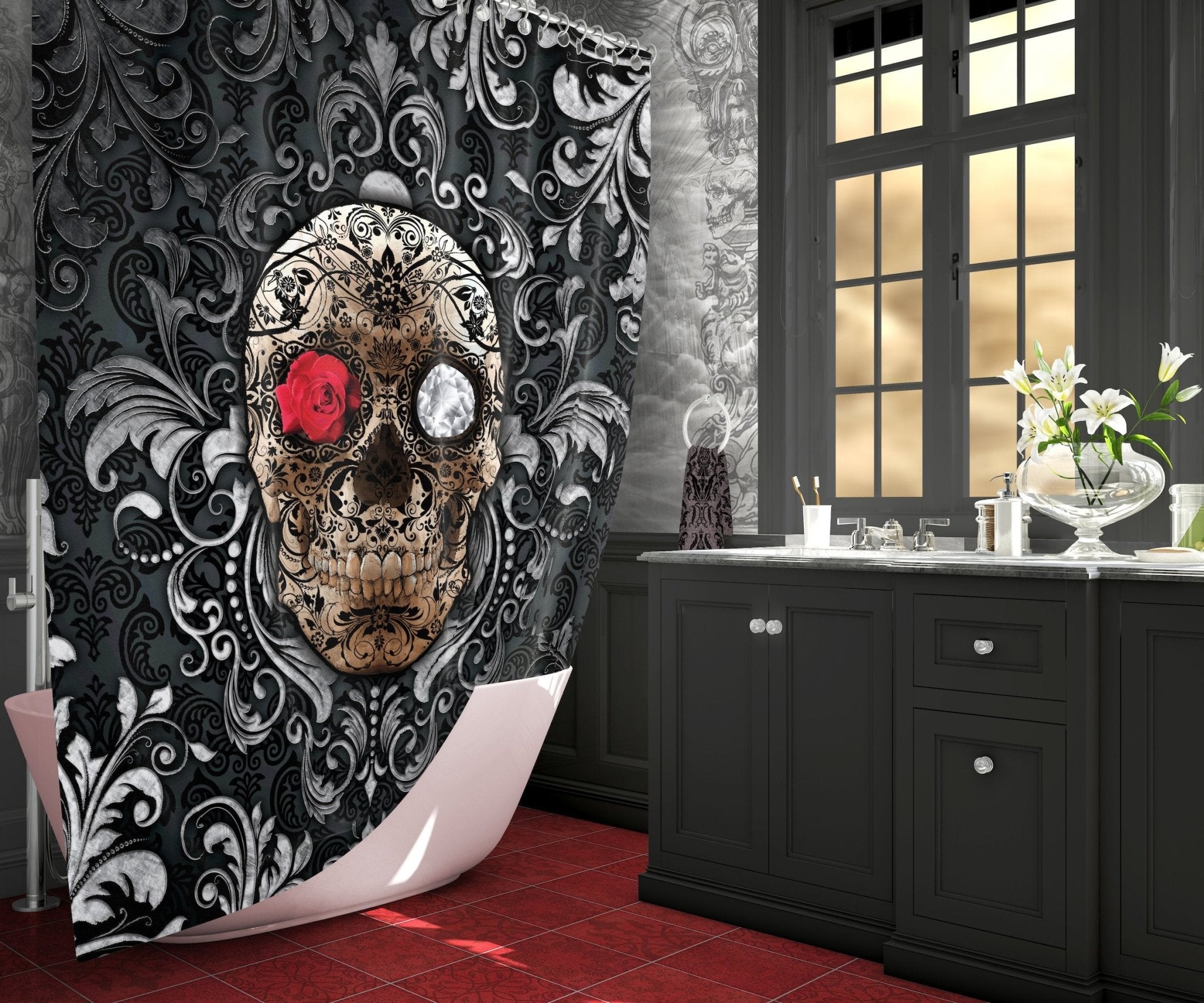 Sugar Skull Shower Curtain, Gothic Bathroom Decor, Macabre Art - Mexican, Dia de los Muertos, Day of the Dead - Abysm Internal