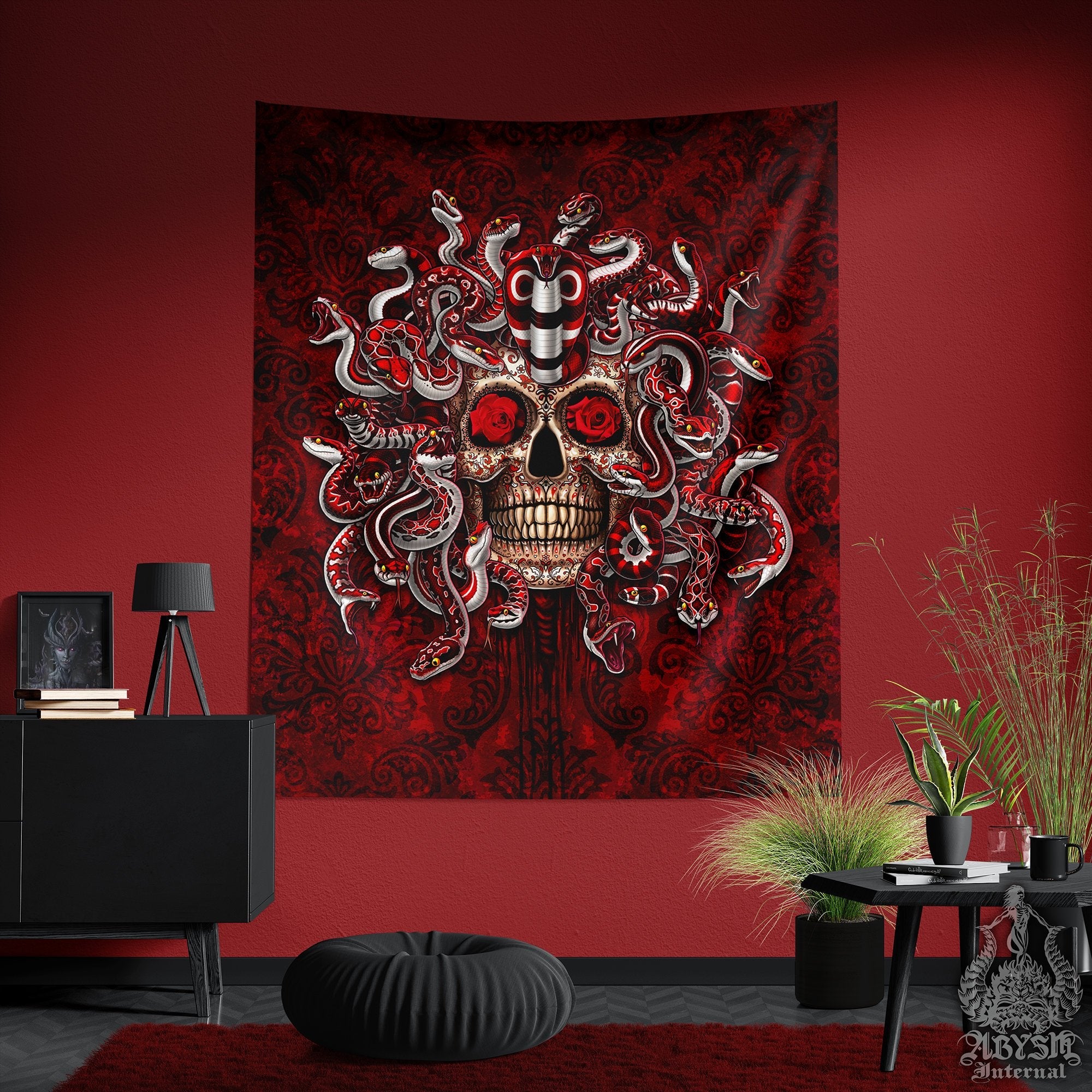 Sugar Skull Tapestry, Day of the Dead Wall Hanging, Dia de los Muertos, Mexican Goth Home Decor, Art Print - Medusa Snakes - Abysm Internal