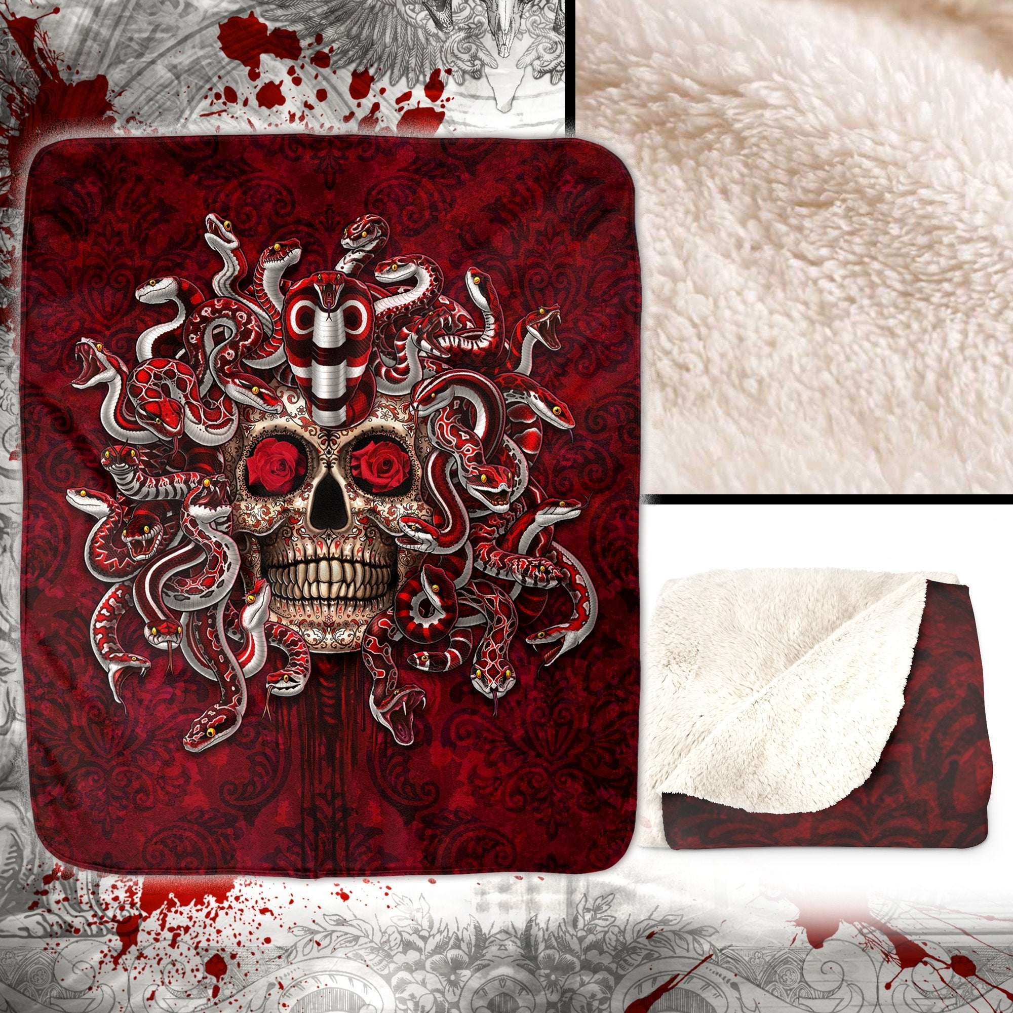 Sugar Skull Throw Fleece Blanket, Gothic Home Decor, Day of the Dead, Dia de los Muertos, Alternative Art Gift - Medusa - Abysm Internal