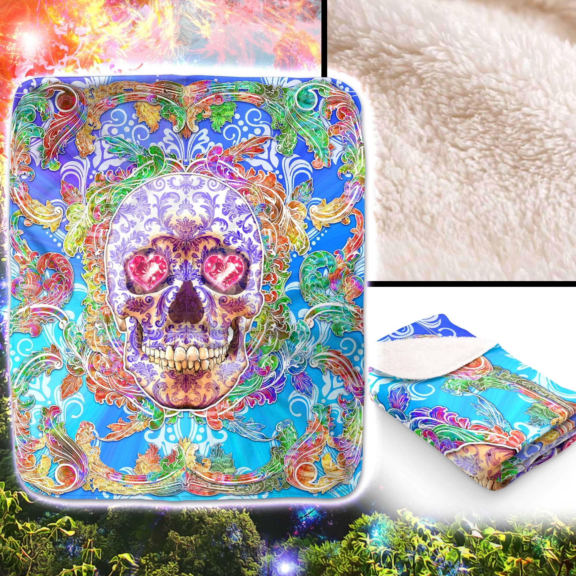 Sugar Skull Throw Fleece Blanket, Macabre Art, Ecclectic and Indie Home Decor, Eclectic and Funky Gift - Psy Purple - Abysm Internal