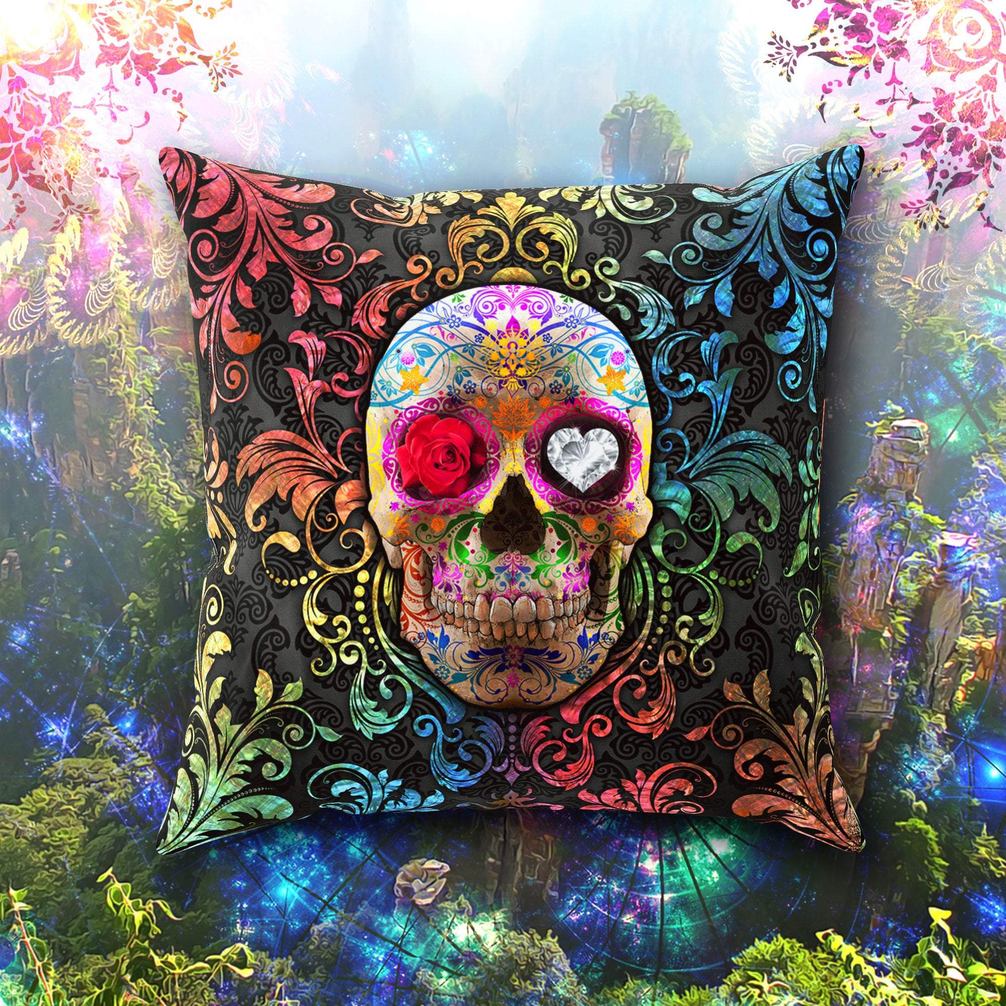 Sugar Skull Throw Pillow, Decorative Accent Cushion, Dia de los Muertos, Day of the Dead Decor, Mexican Art - Abysm Internal