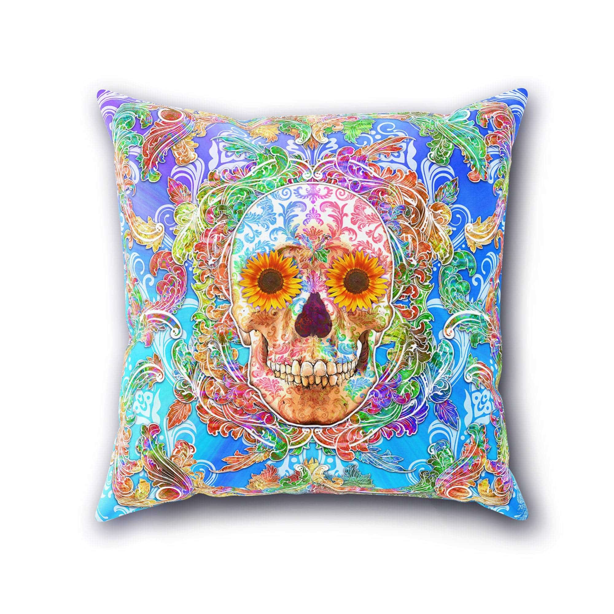 Sugar Skull Throw Pillow, Decorative Accent Cushion, Festive, Day of the Dead Decor, Macabre Art - Psy Color - Abysm Internal