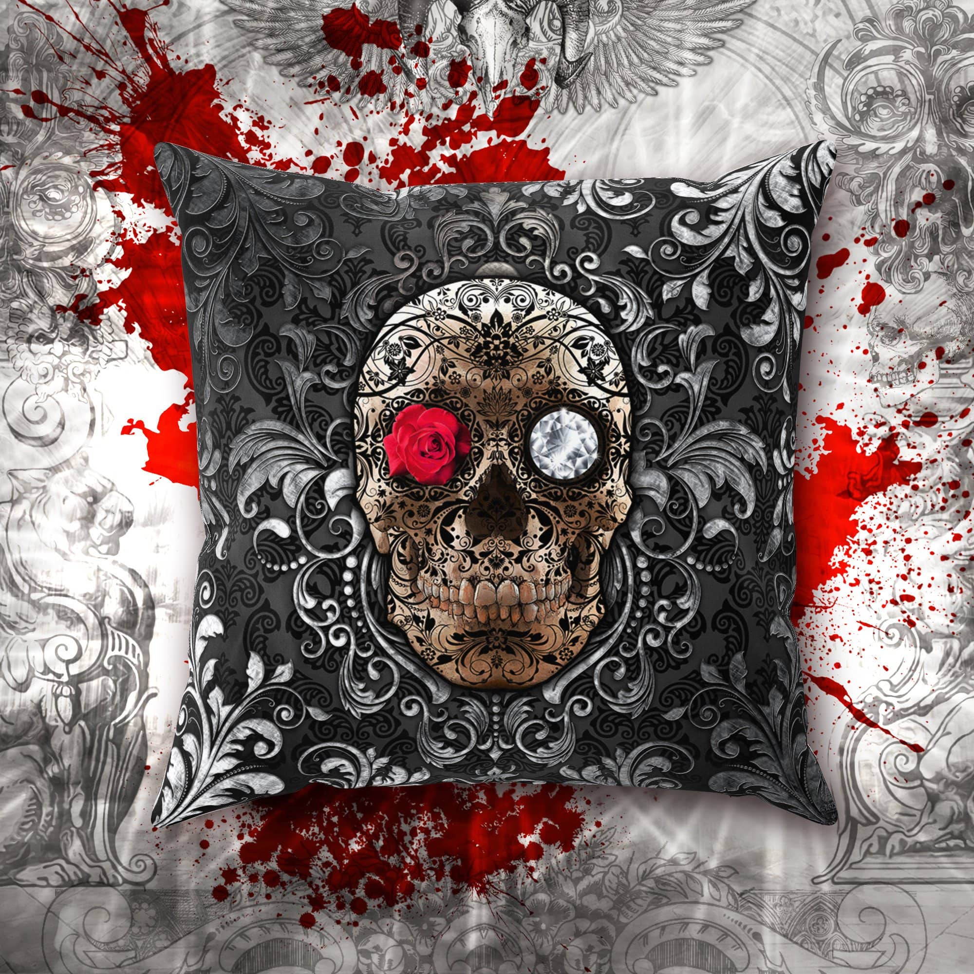 Sugar Skull Throw Pillow, Decorative Accent Cushion, Gothic Room Decor, Day of the Dead Decor - Abysm Internal