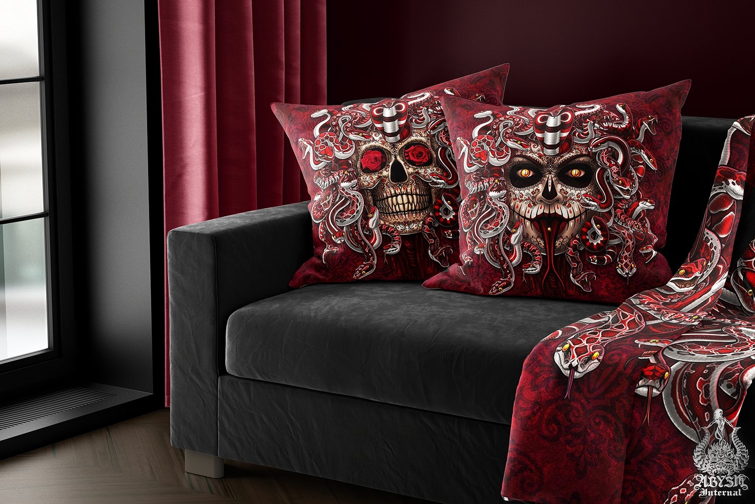 Sugar Skull Throw Pillow, Decorative Accent Cushion, Medusa, Dia de los Muertos Decor, Day of the Dead, Mexican Art, Alternative Home - Red Snakes - Abysm Internal