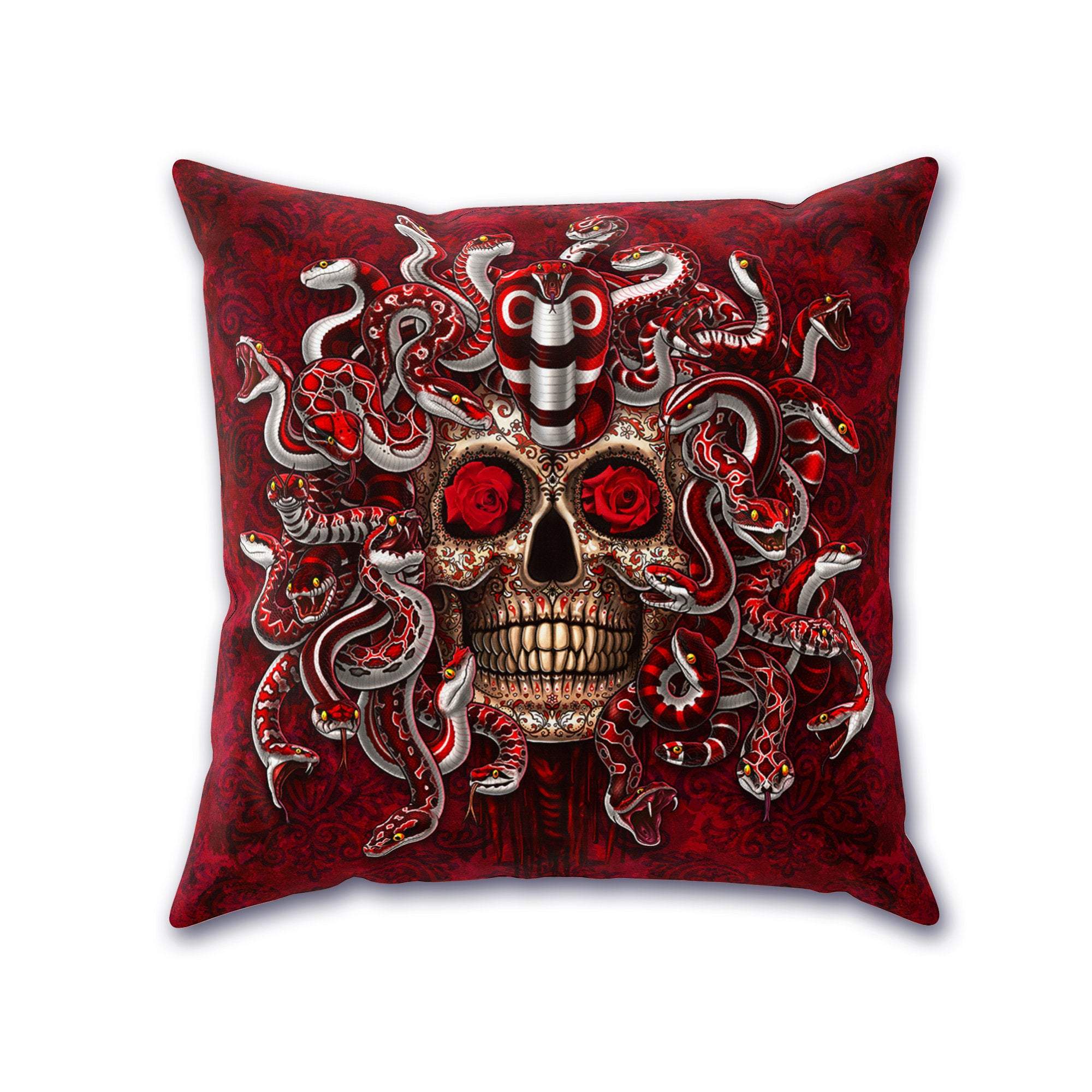 Sugar Skull Throw Pillow, Decorative Accent Cushion, Medusa, Dia de los Muertos Decor, Day of the Dead, Mexican Art, Alternative Home - Red Snakes - Abysm Internal