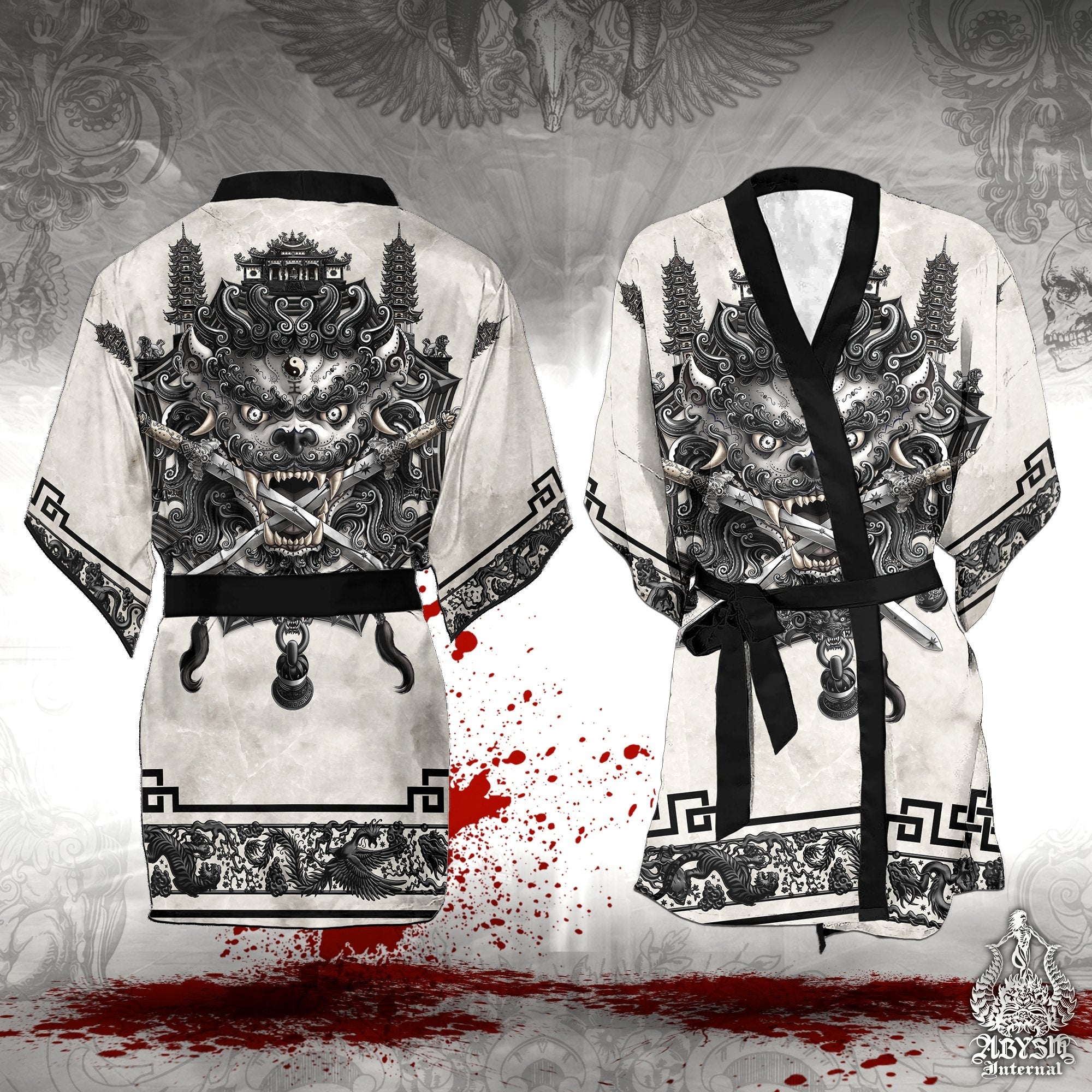 Sword Lion Cover Up, Beach Outfit, Chinese Party Kimono, Taiwan Summer Festival Robe, Asian Indie and Alternative Clothing, Unisex - Black and White Goth - Abysm Internal