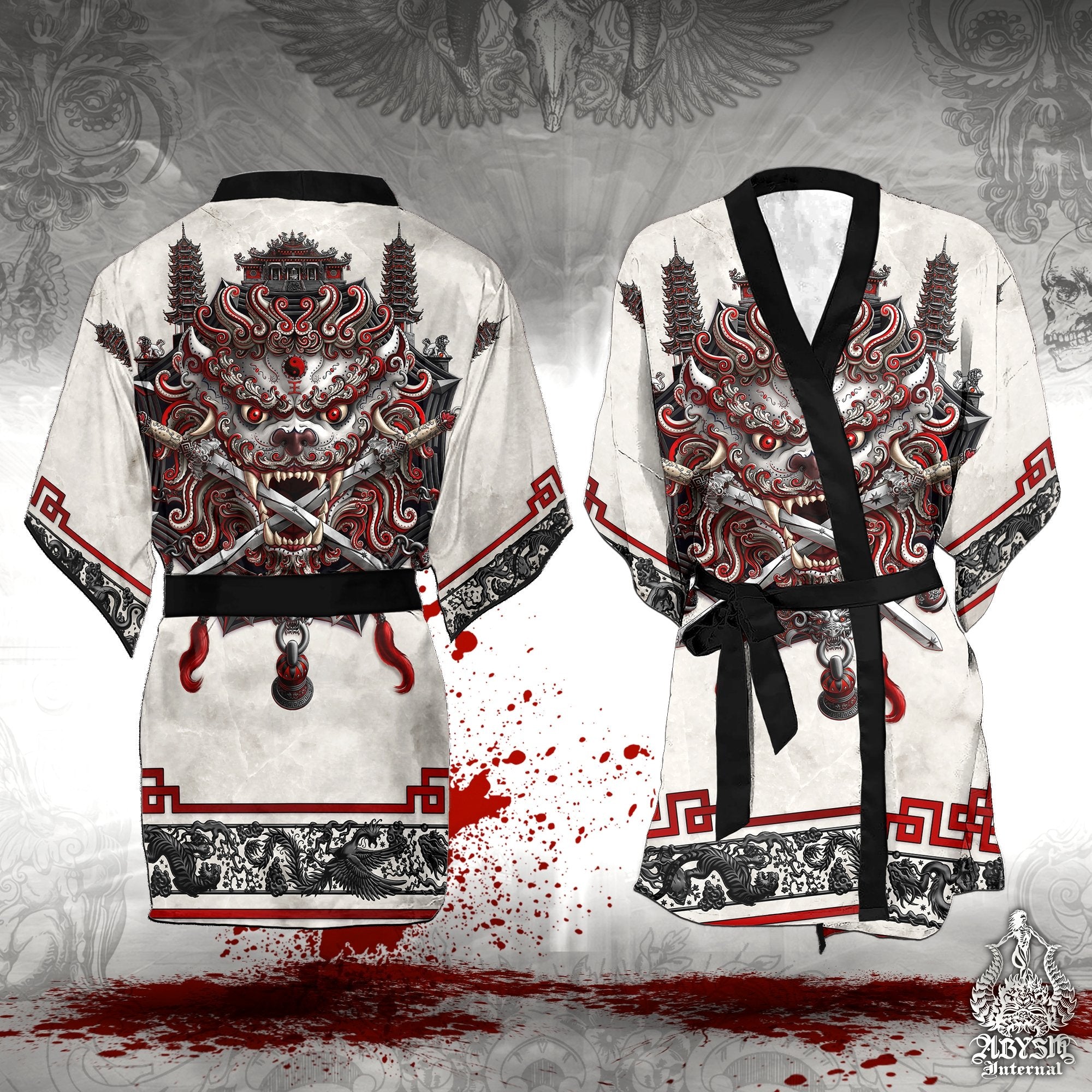 Sword Lion Cover Up, Beach Outfit, Chinese Party Kimono, Taiwan Summer Festival Robe, Asian Indie and Alternative Clothing, Unisex - Bloody White Goth - Abysm Internal