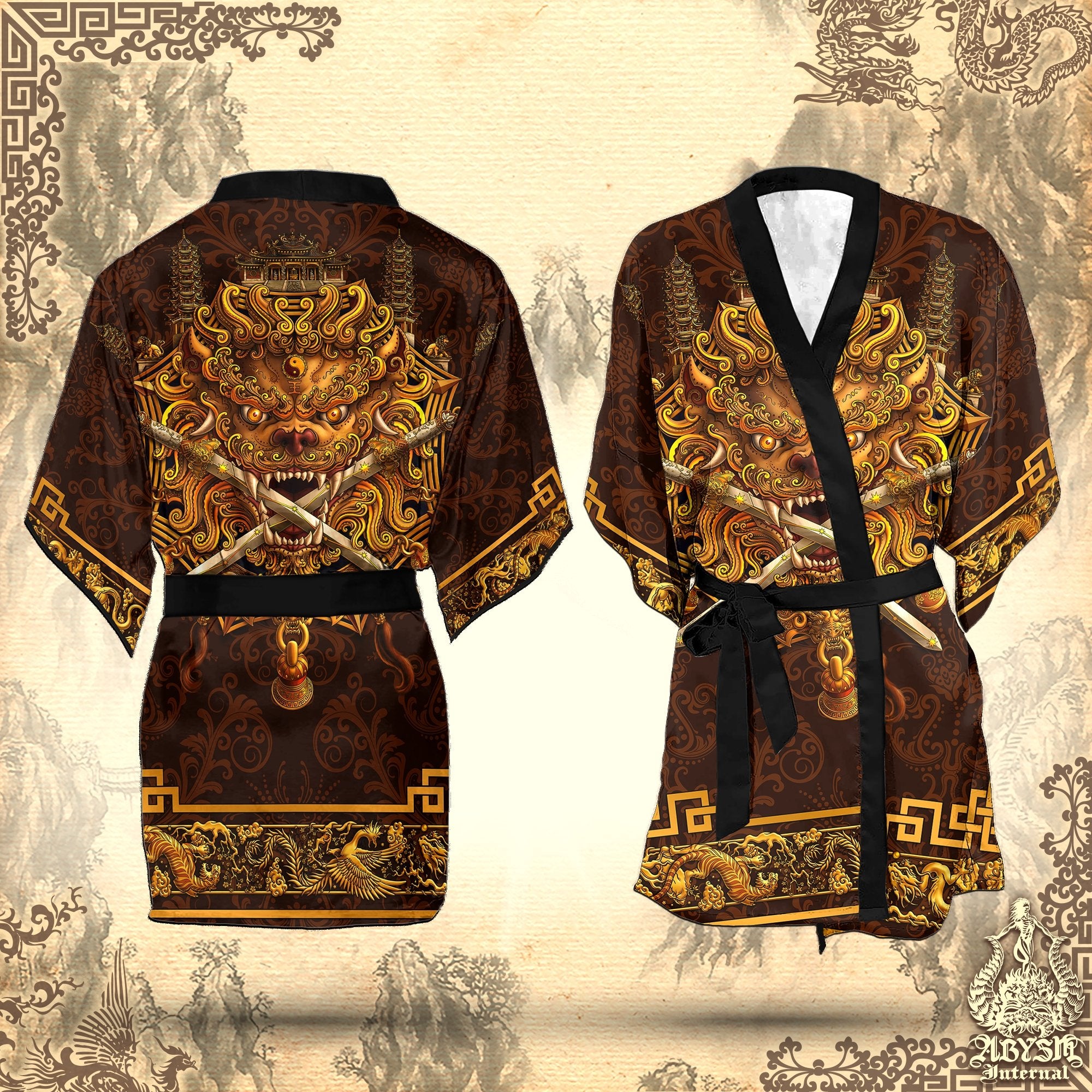 Sword Lion Cover Up, Beach Outfit, Chinese Party Kimono, Taiwan Summer Festival Robe, Asian Indie and Alternative Clothing, Unisex - Gold - Abysm Internal