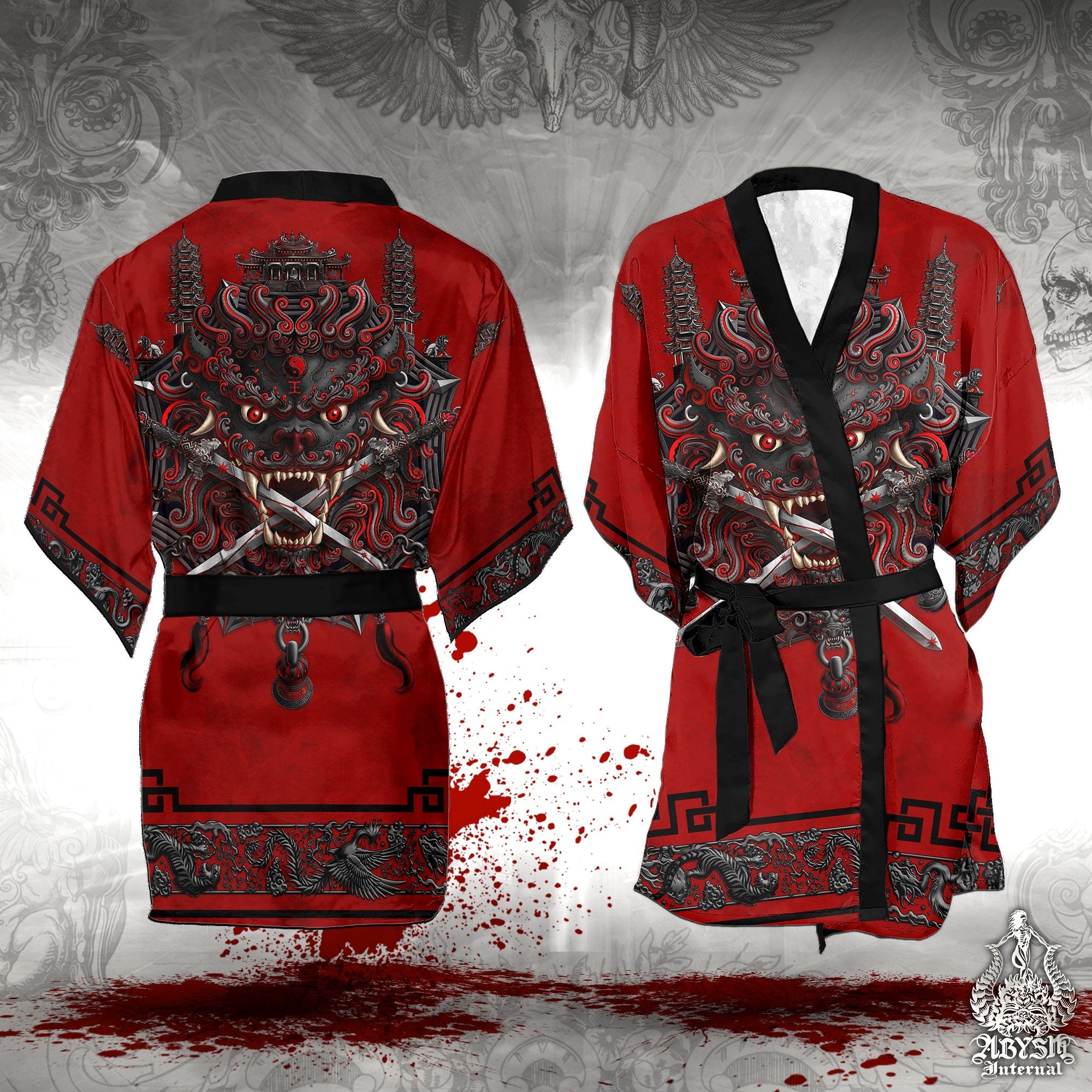 Sword Lion Cover Up, Beach Outfit, Chinese Party Kimono, Taiwan Summer Festival Robe, Asian Indie and Alternative Clothing, Unisex - Gothic - Abysm Internal