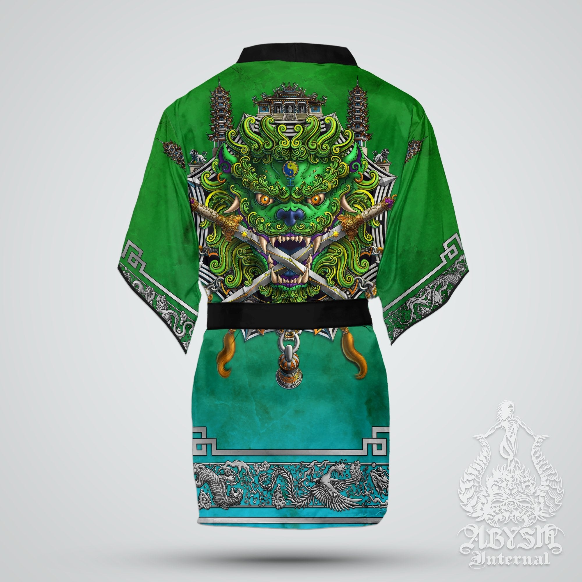 Sword Lion Cover Up, Beach Outfit, Chinese Party Kimono, Taiwan Summer Festival Robe, Asian Indie and Alternative Clothing, Unisex - Green - Abysm Internal
