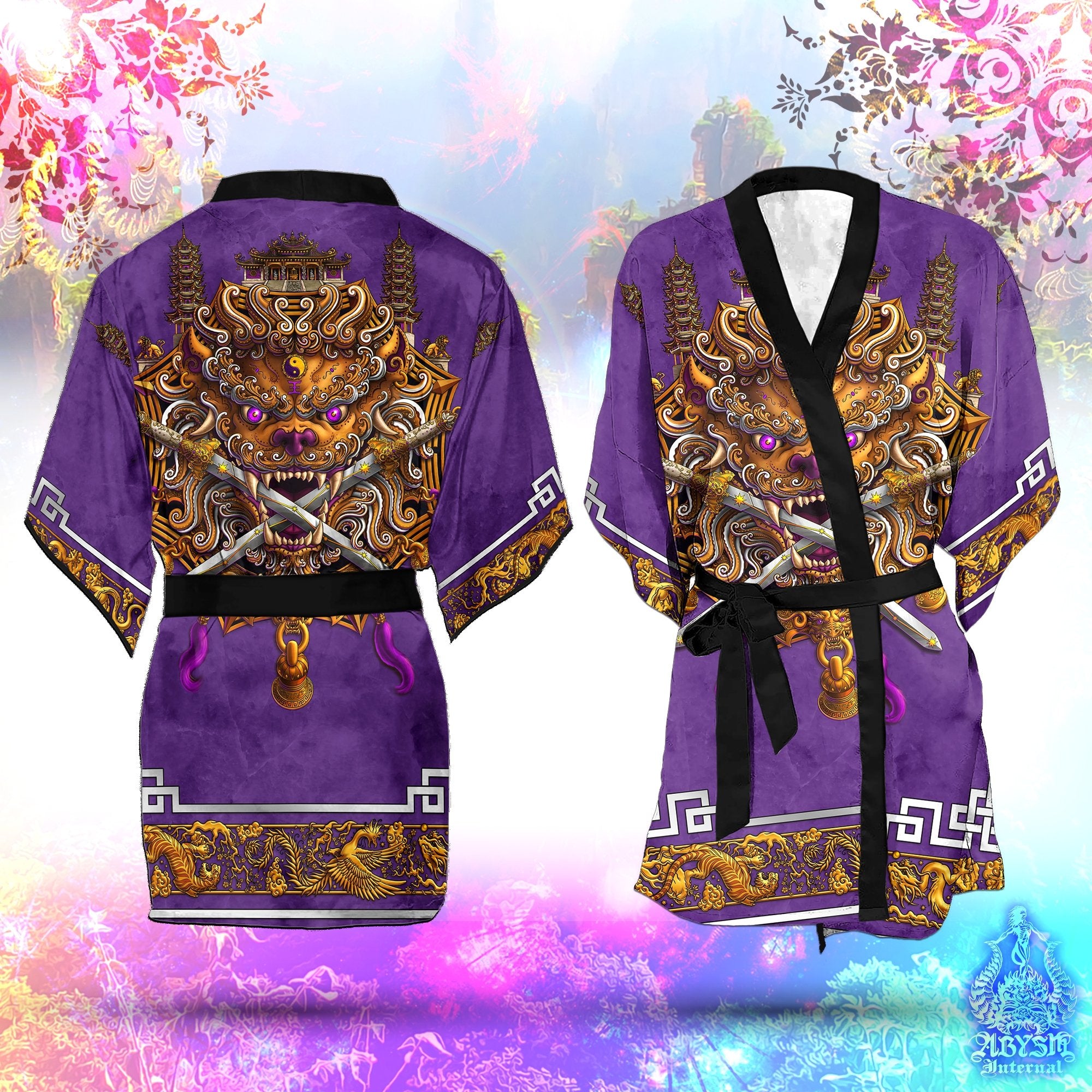 Sword Lion Cover Up, Beach Outfit, Chinese Party Kimono, Taiwan Summer Festival Robe, Asian Indie and Alternative Clothing, Unisex - Purple White - Abysm Internal