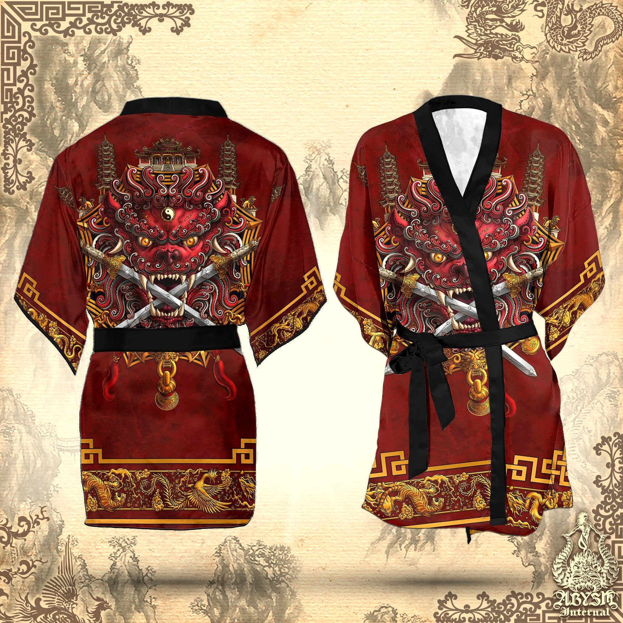 Sword Lion Cover Up, Beach Outfit, Chinese Party Kimono, Taiwan Summer Festival Robe, Asian Indie and Alternative Clothing, Unisex - Red - Abysm Internal