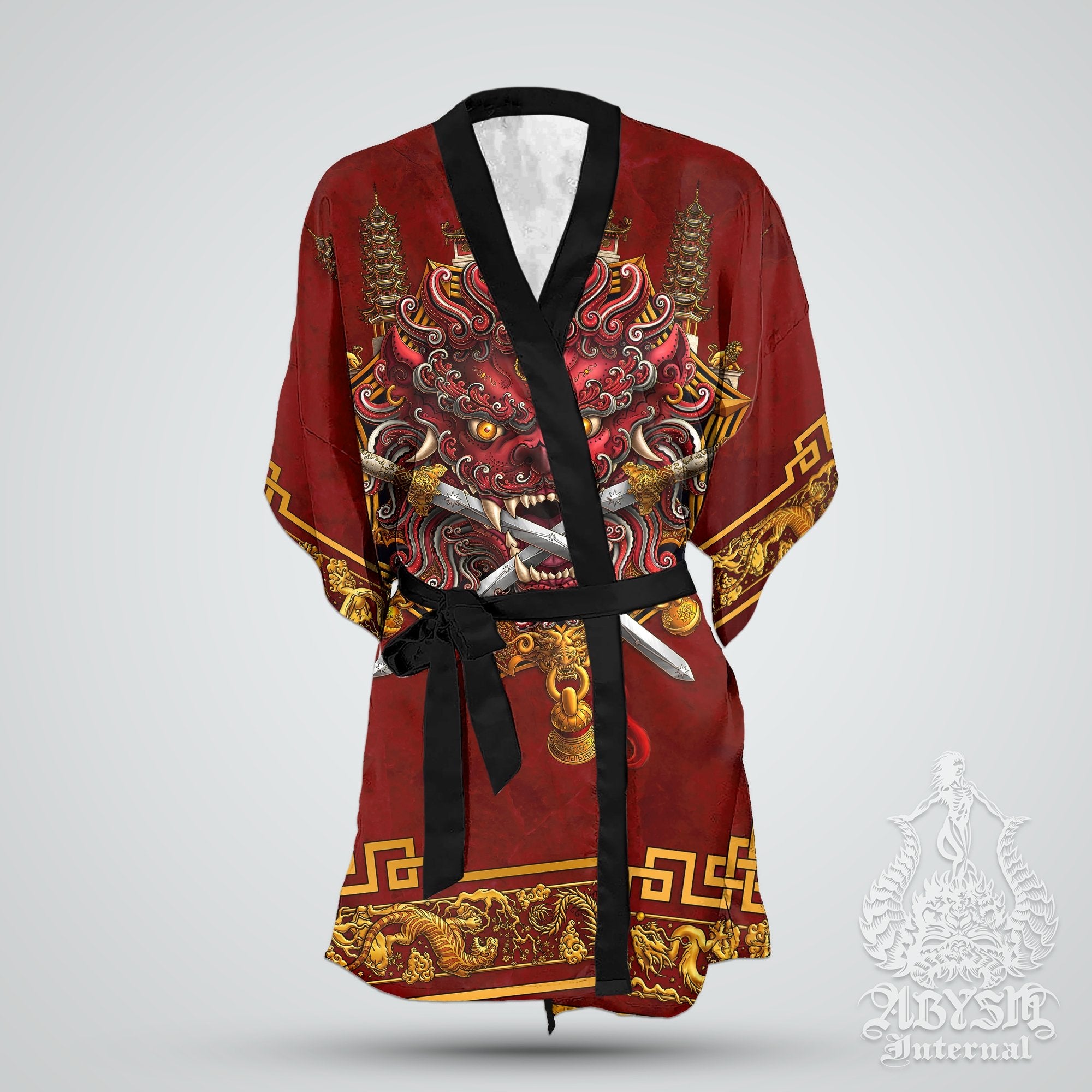 Sword Lion Cover Up, Beach Outfit, Chinese Party Kimono, Taiwan Summer Festival Robe, Asian Indie and Alternative Clothing, Unisex - Red - Abysm Internal