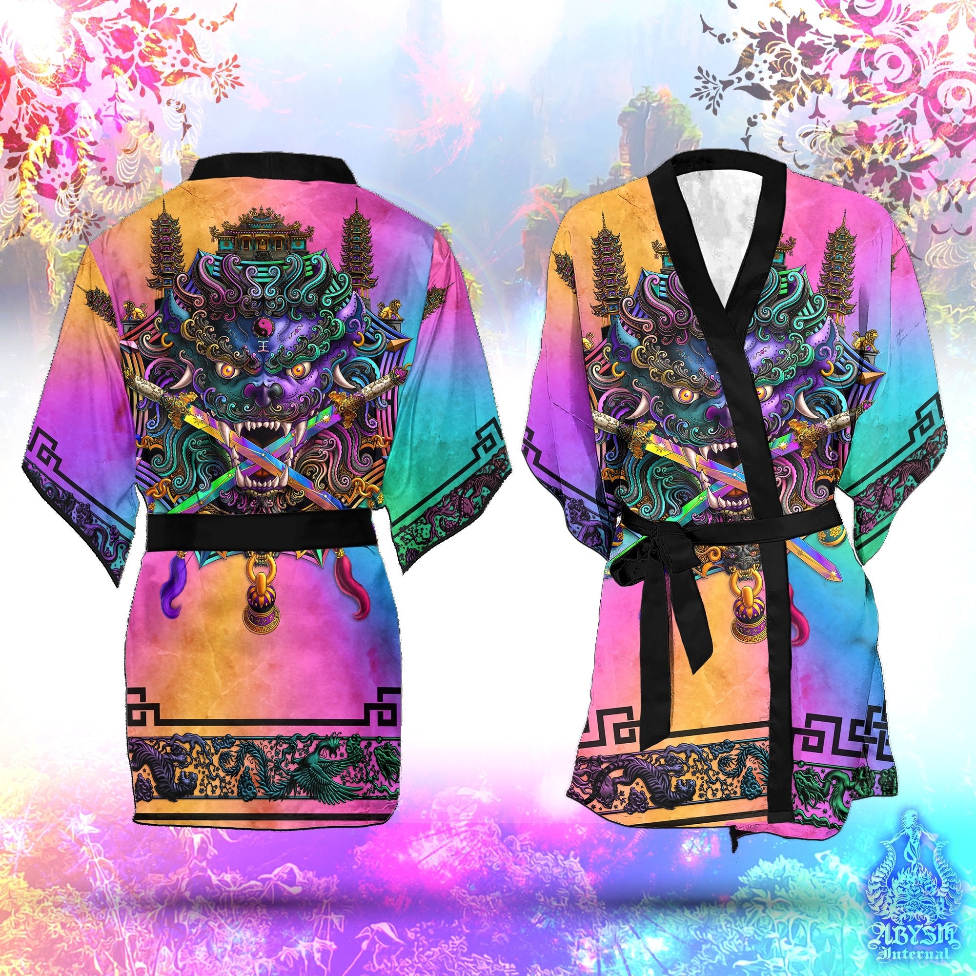 Sword Lion Cover Up, Beach Rave Outfit, Chinese Party Kimono, Taiwan Summer Festival Robe, Asian Indie and Alternative Clothing, Unisex - Holographic Pastel Punk Black - Abysm Internal