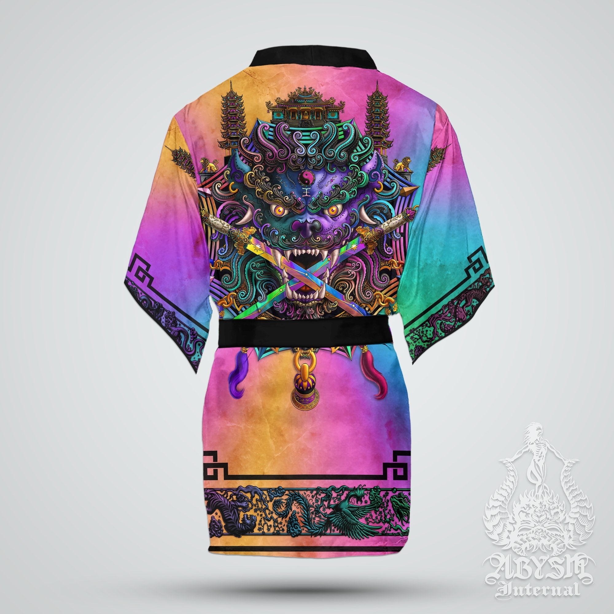 Sword Lion Cover Up, Beach Rave Outfit, Chinese Party Kimono, Taiwan Summer Festival Robe, Asian Indie and Alternative Clothing, Unisex - Holographic Pastel Punk Black - Abysm Internal