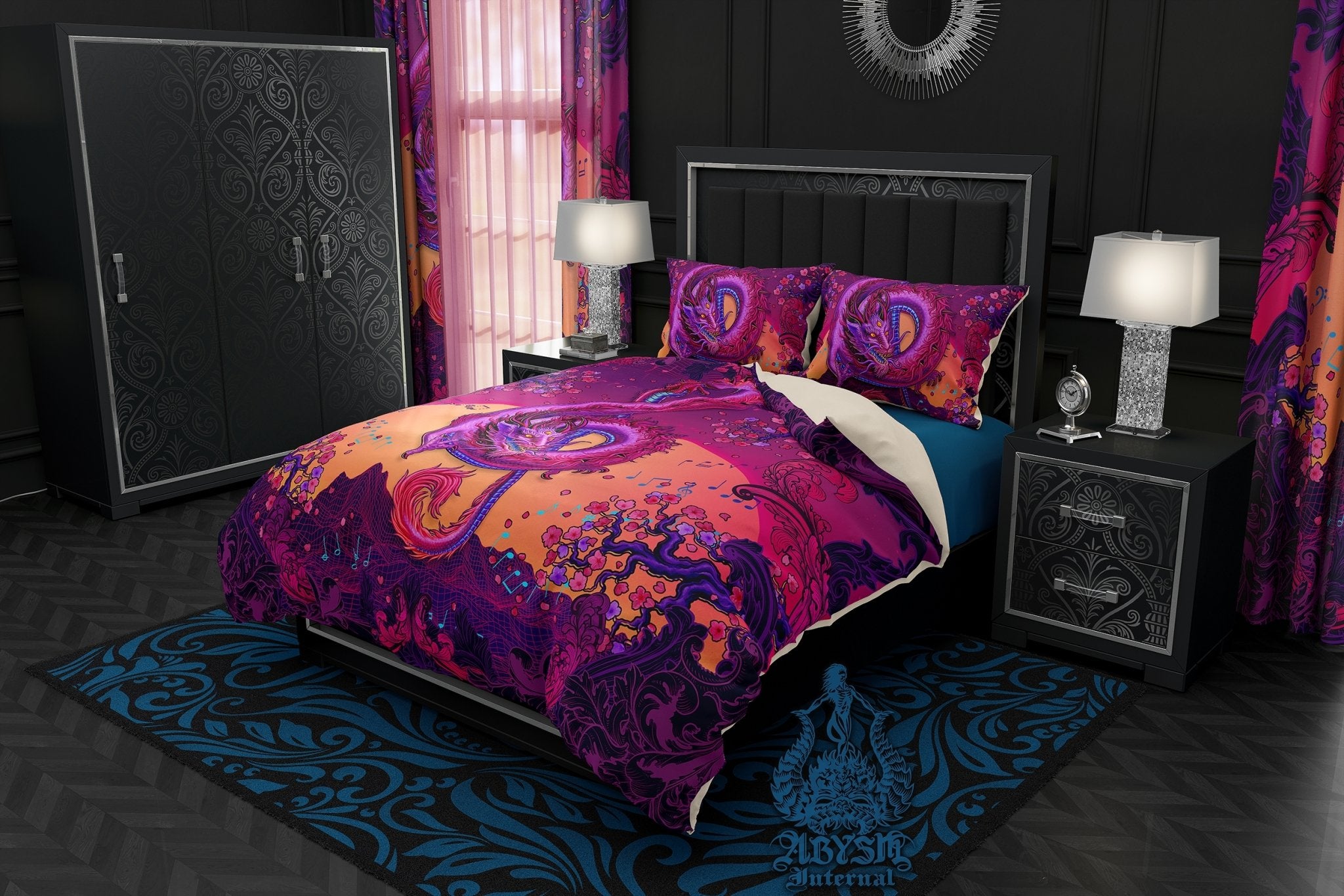 Synthwave Bedding Set, Comforter and Duvet, Vaporwave Bed Cover and Retrowave Bedroom Decor, King, Queen and Twin Size, Gamer Kids 80s Room - Psychedelic Music Dragon - Abysm Internal