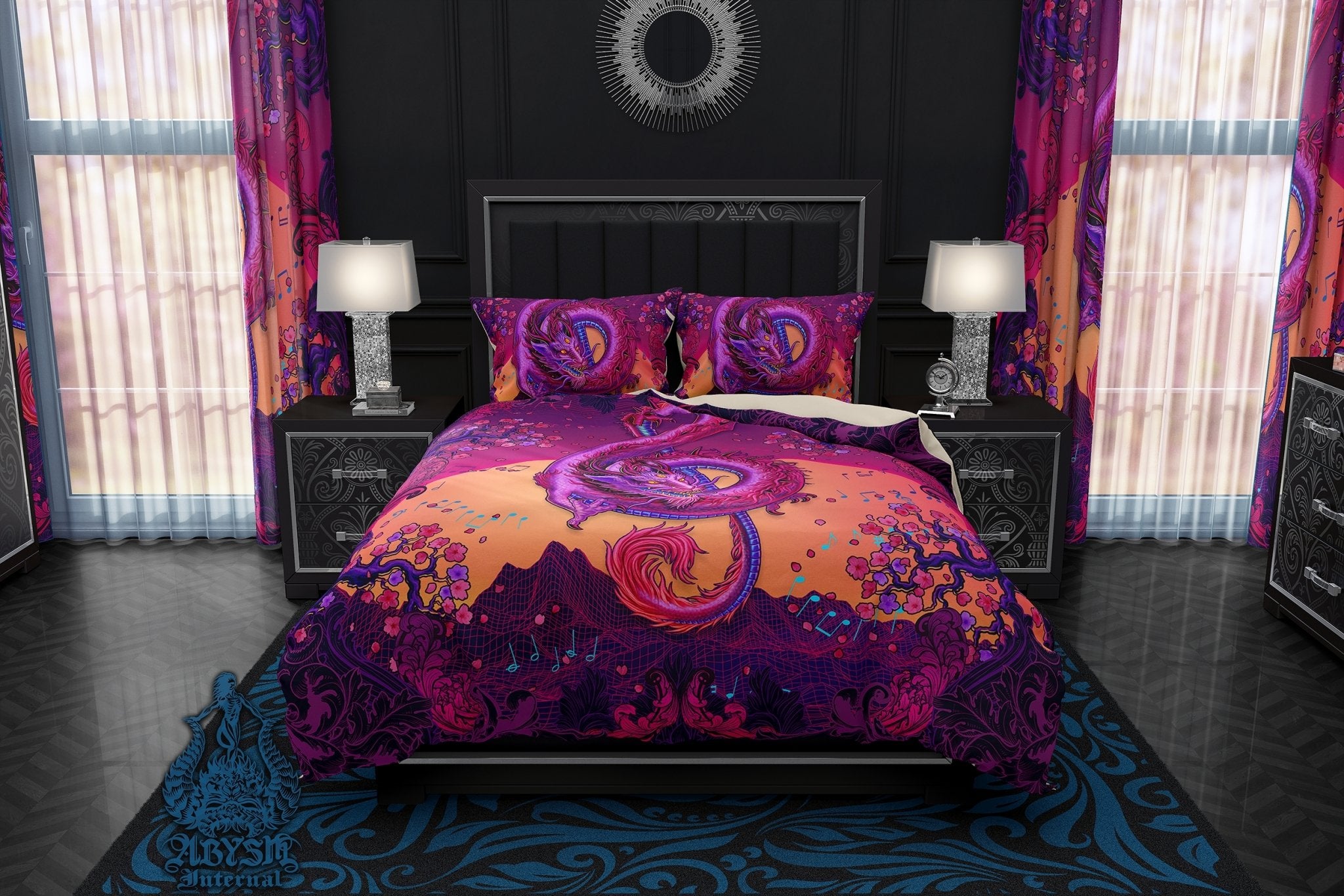 Synthwave Bedding Set, Comforter and Duvet, Vaporwave Bed Cover and Retrowave Bedroom Decor, King, Queen and Twin Size, Gamer Kids 80s Room - Psychedelic Music Dragon - Abysm Internal