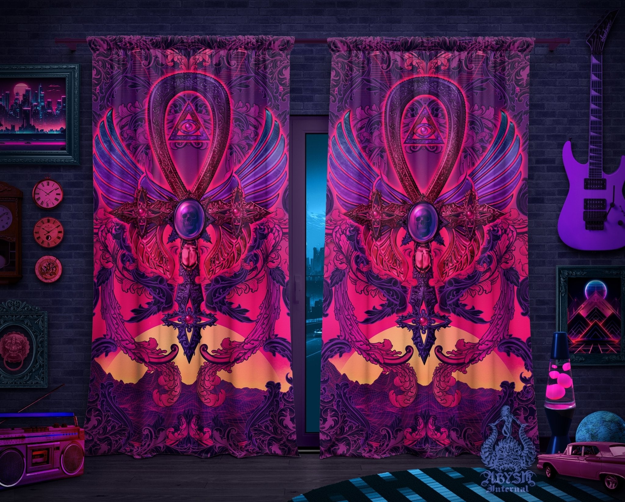 Synthwave Blackout Curtains, Long Window Panels, Psychedelic Art Print, Vaporwave Room Decor, 80s Gamer Retrowave Home and Shop Decor - Ankh - Abysm Internal