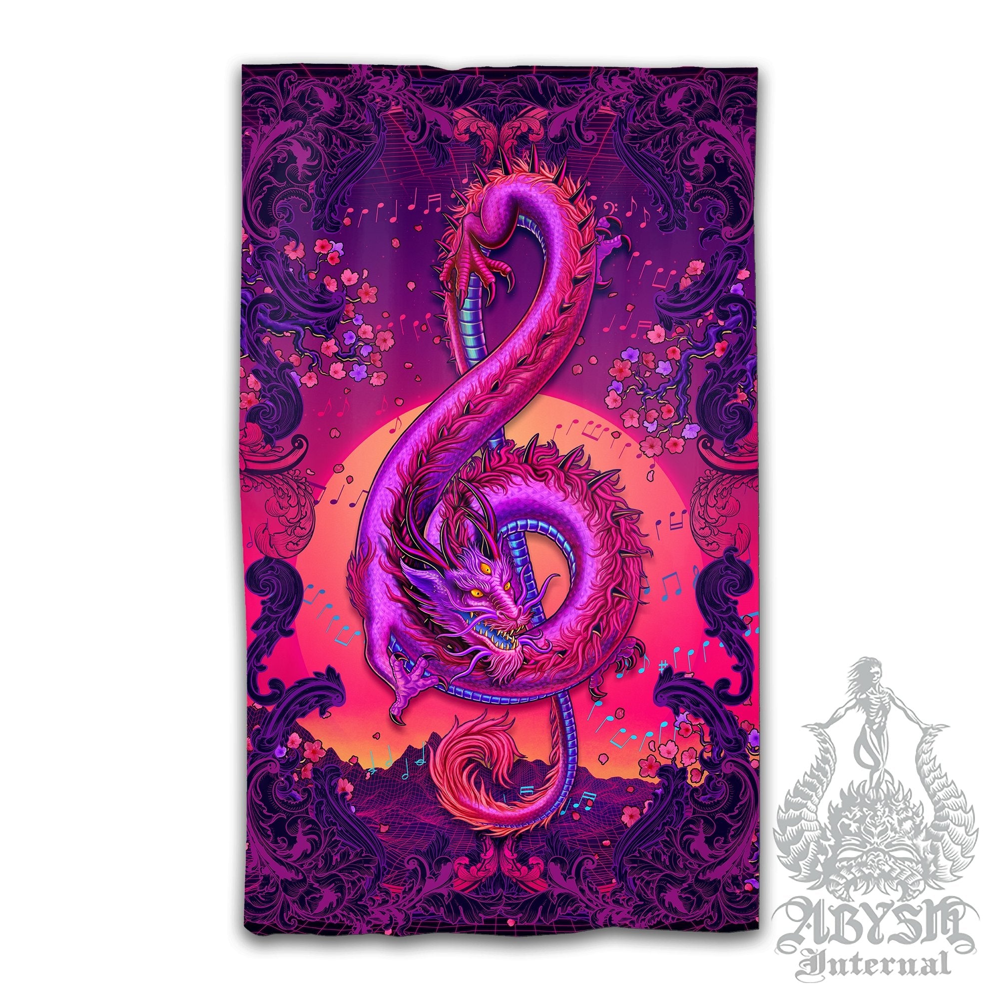 Synthwave Blackout Curtains, Long Window Panels, Psychedelic Art Print, Vaporwave Room Decor, 80s Gamer Retrowave Home and Shop Decor - Music Dragon - Abysm Internal