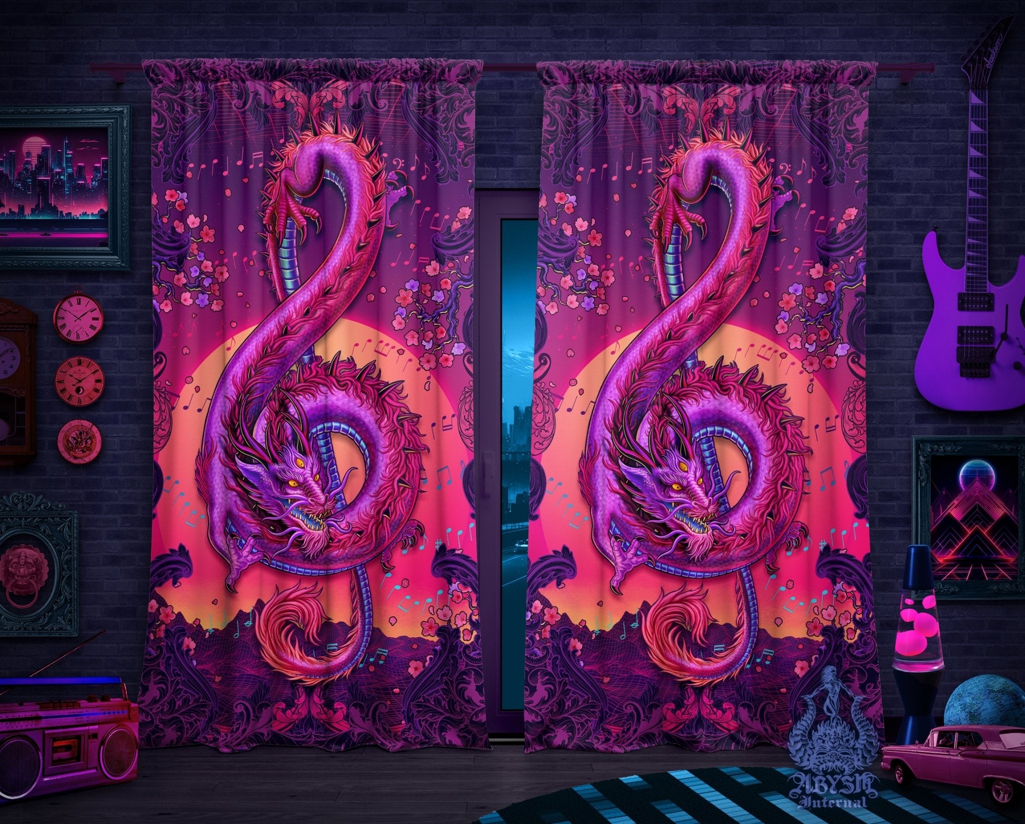 Synthwave Blackout Curtains, Long Window Panels, Psychedelic Art Print, Vaporwave Room Decor, 80s Gamer Retrowave Home and Shop Decor - Music Dragon - Abysm Internal
