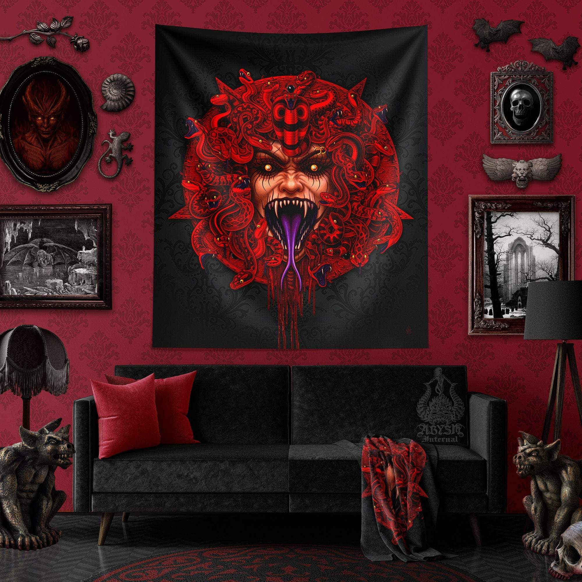 Tapestry, Red Pentagram Wall Hanging, Satanic Home Decor, Art Print - Red Medusa & Snakes, 2 Faces - Abysm Internal