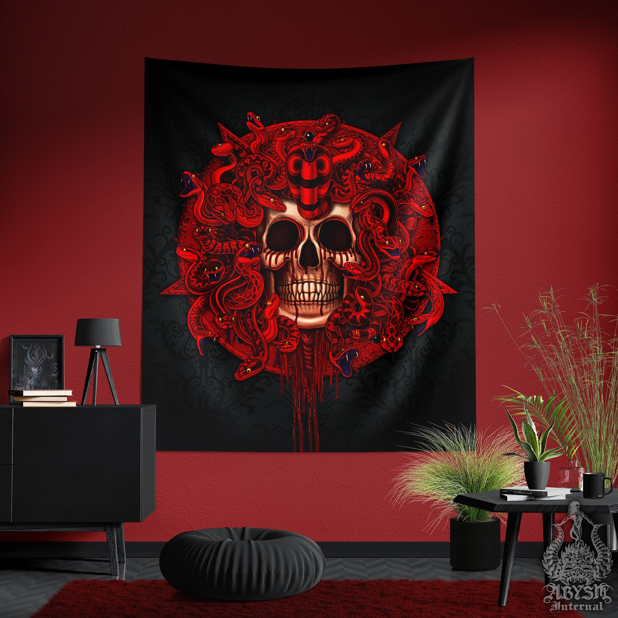 Tapestry, Red Pentagram Wall Hanging, Satanic Skull Home Decor, Vertical Art Print - Red Medusa & Snakes, 2 Faces - Abysm Internal