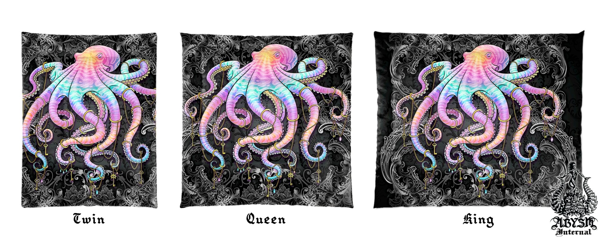 Tentacles Bedding Set, Comforter and Duvet, Beach Bed Cover, Kawaii Gamer Bedroom Decor, King, Queen and Twin Size - Pastel Punk and Black Octopus - Abysm Internal