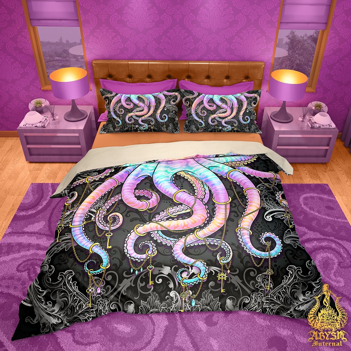 Tentacles Bedding Set, Comforter and Duvet, Beach Bed Cover, Kawaii Gamer Bedroom Decor, King, Queen and Twin Size - Pastel Punk and Black Octopus - Abysm Internal